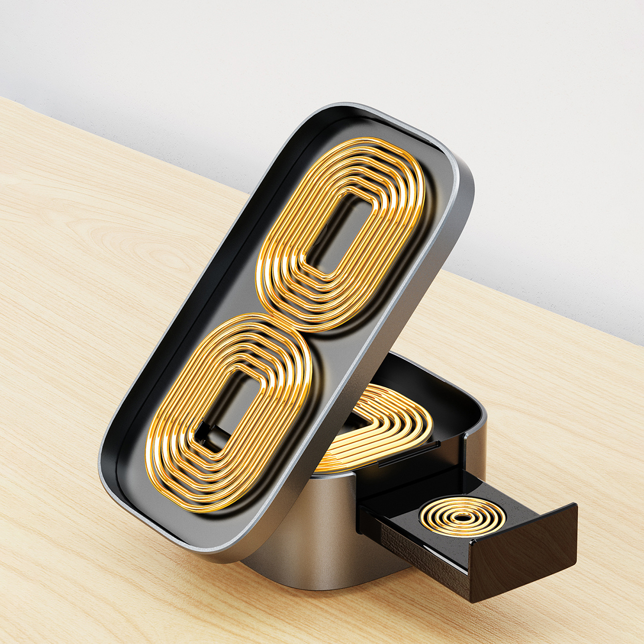 Stojak do ładowania ze złotymi cewkami, w ciemnoszarej obudowie.