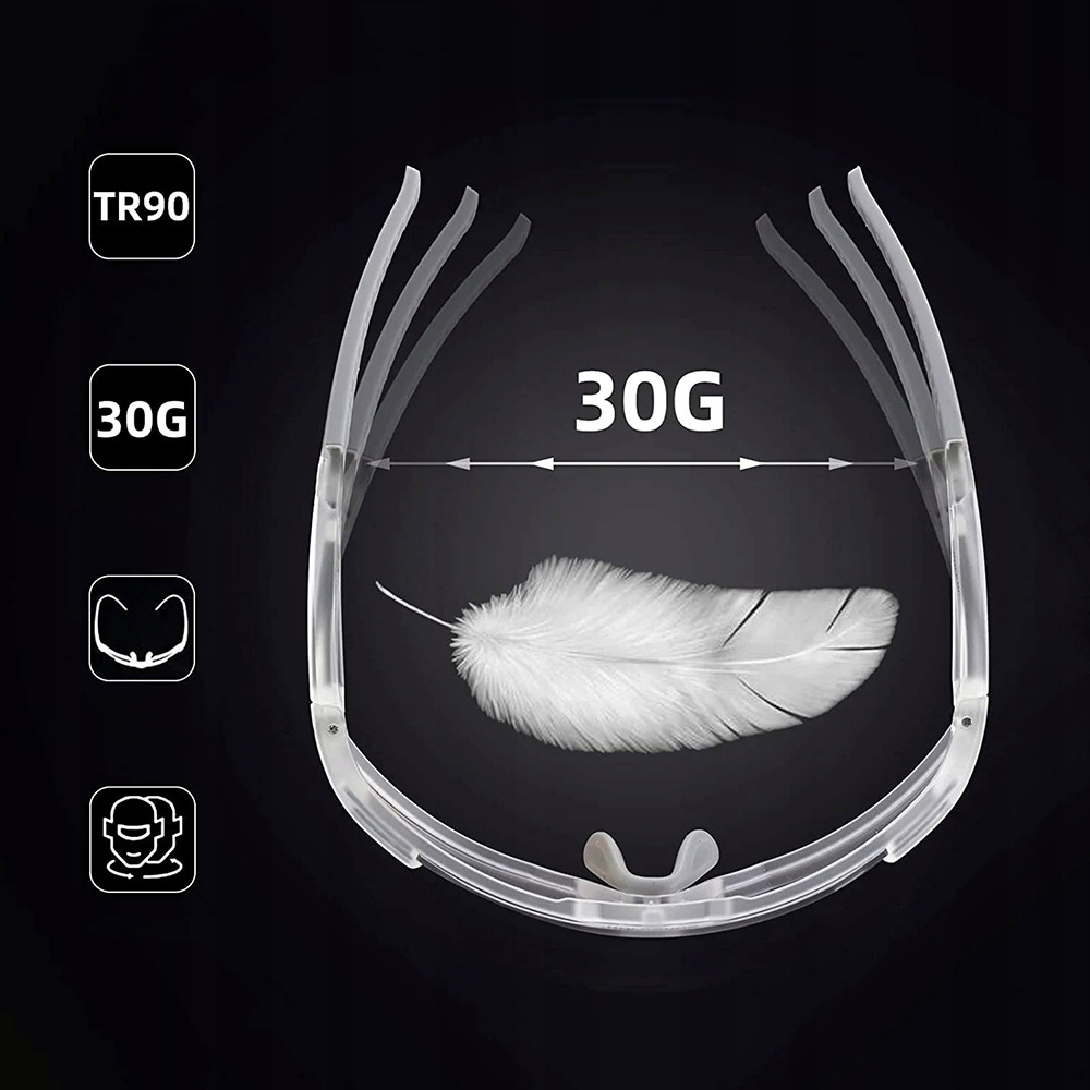 Diagram pokazujący wagę i cechy okularów przeciwsłonecznych Rockbros, z piórem.