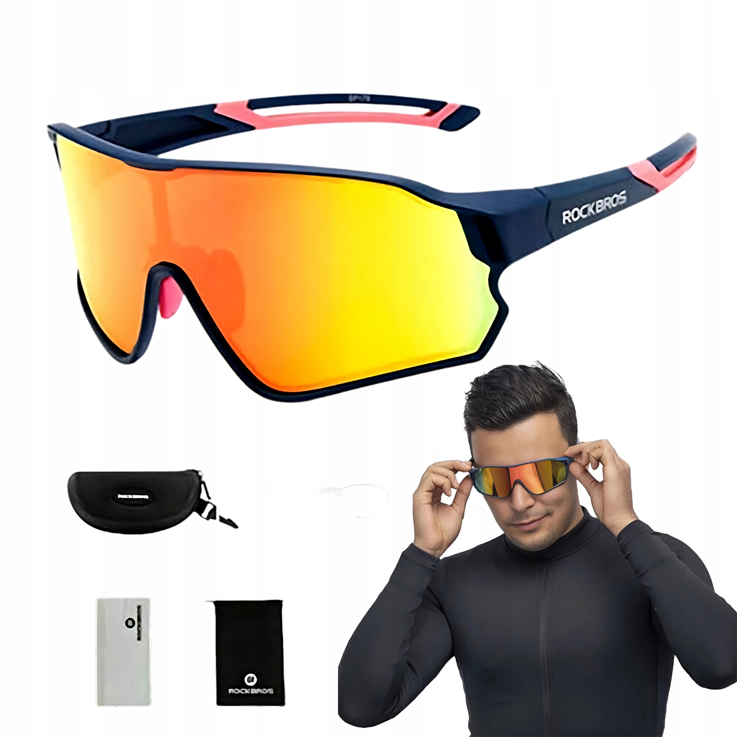 Mężczyzna trzymający pomarańczowo-żółte okulary przeciwsłoneczne Rockbros z akcesoriami.