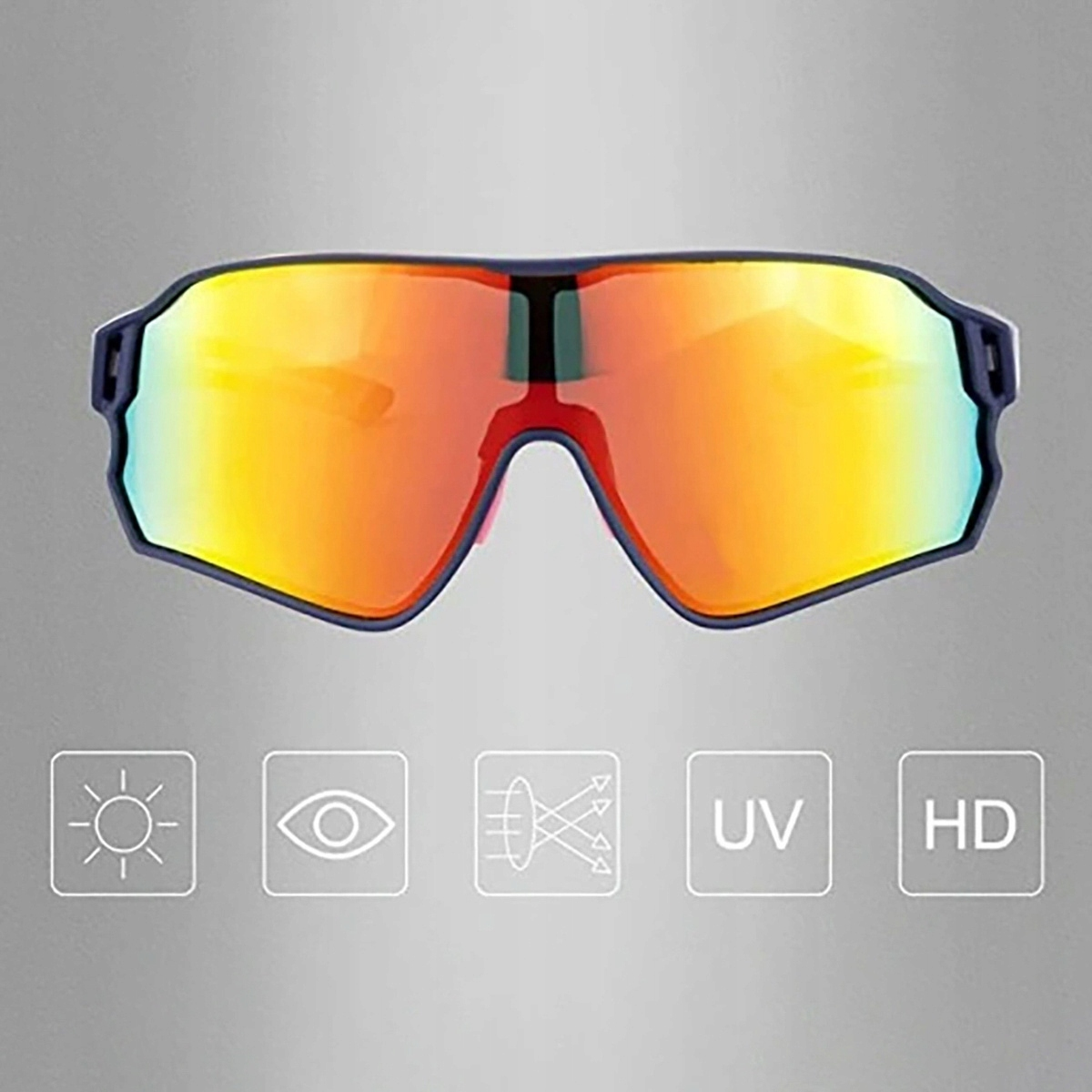 Sportowe okulary przeciwsłoneczne z pomarańczowymi soczewkami i ikonami słońca, oka, ochrony, UV i HD.