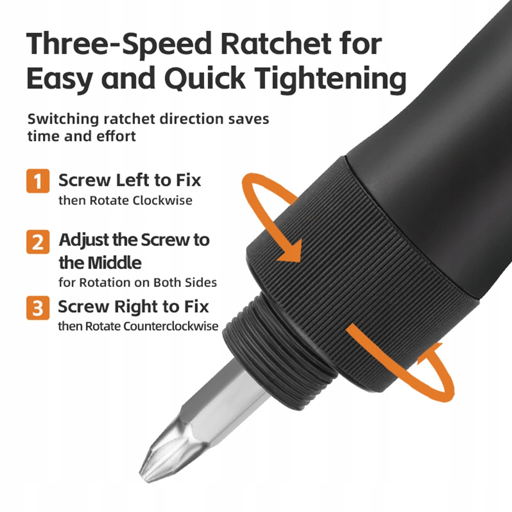 Zbliżenie na śrubokręt z instrukcją obsługi, ma czarny uchwyt ze strzałkami i ponumerowanymi krokami.