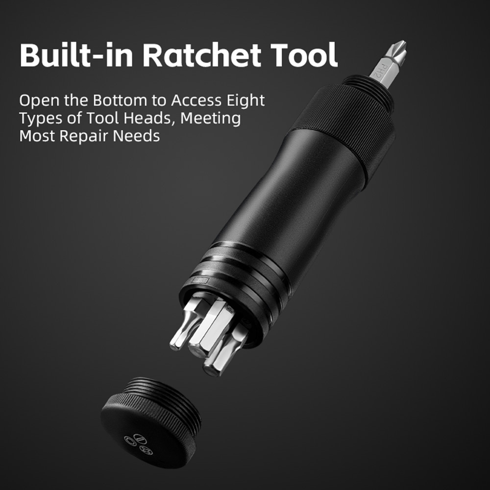 Czarna wielofunkcyjna narzędzie z wbudowaną grzechotką. Ma zdejmowaną nasadkę odsłaniającą głowice narzędzi do różnych napraw.