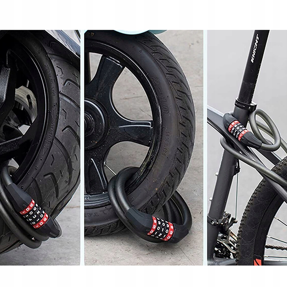 Trzy obrazy przedstawiające zamek szyfrowy zabezpieczający oponę. Jeden pokazuje zamek na rowerze, a drugi na motocyklu.