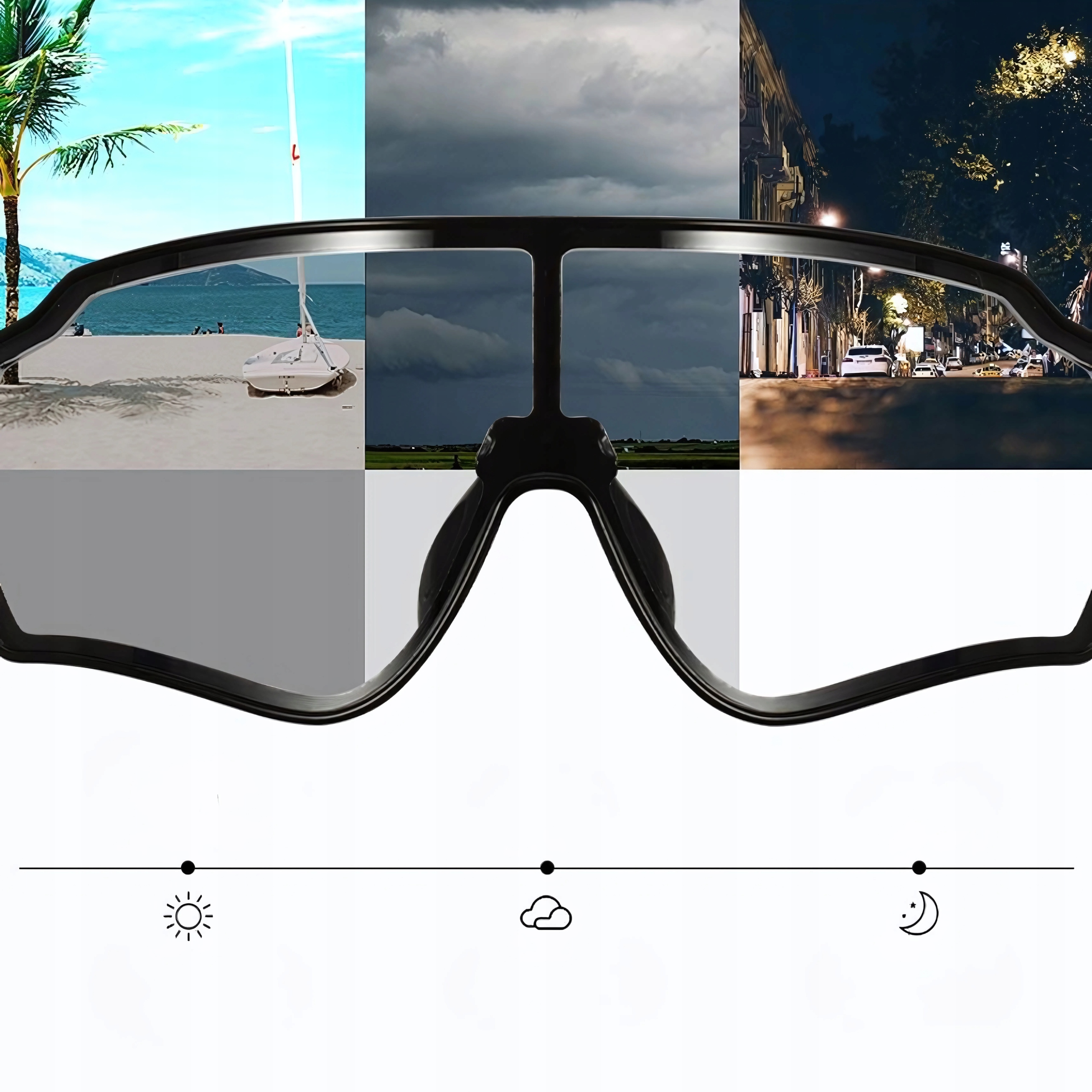Okulary przeciwsłoneczne sportowe z trzema różnymi tłami, aby pokazać różne warunki oświetleniowe.