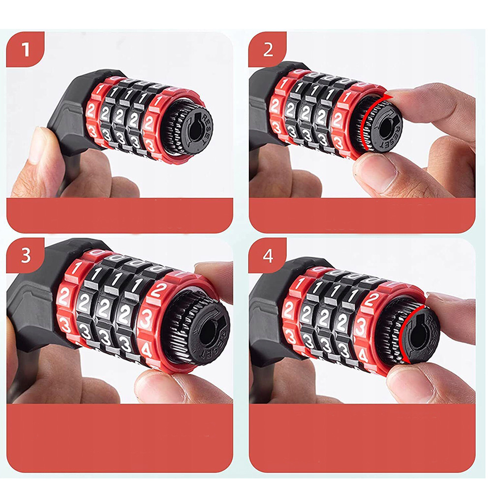 Zbliżenie zamka szyfrowego z numerami. Obraz pokazuje, jak ustawić numery.
