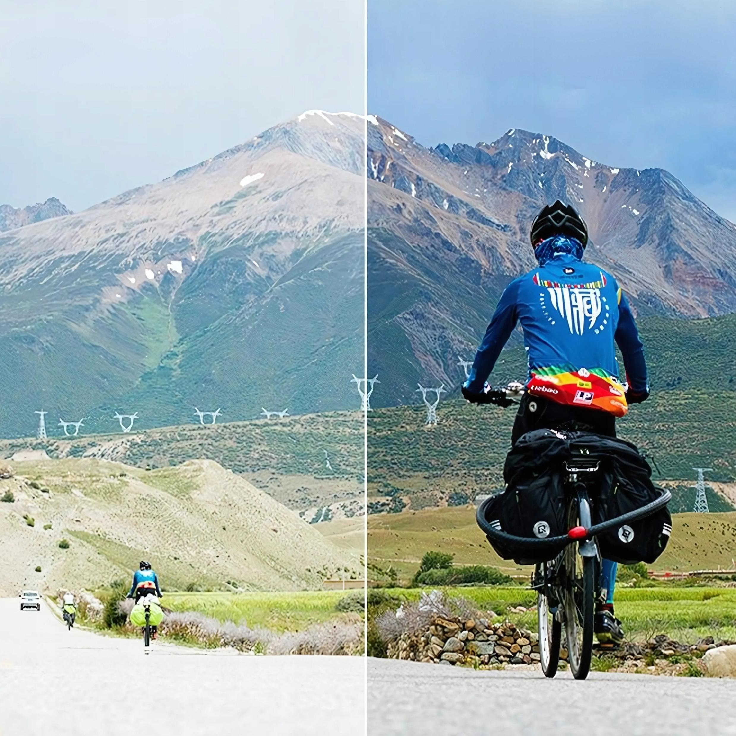 Kolarze na drodze w górach. Jeden obraz podzielony na dwa widoki.