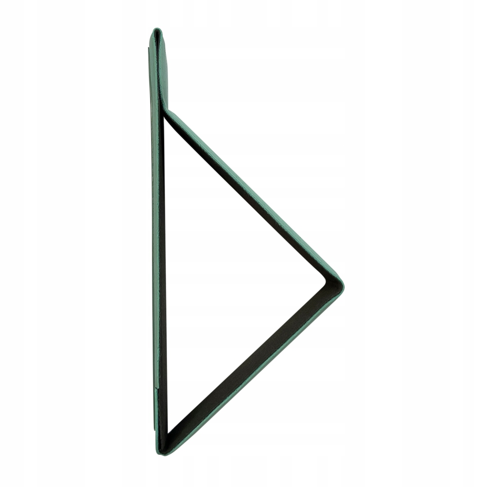 Zielony stojak na telefon w kształcie trójkąta. Z tyłu małe logo.