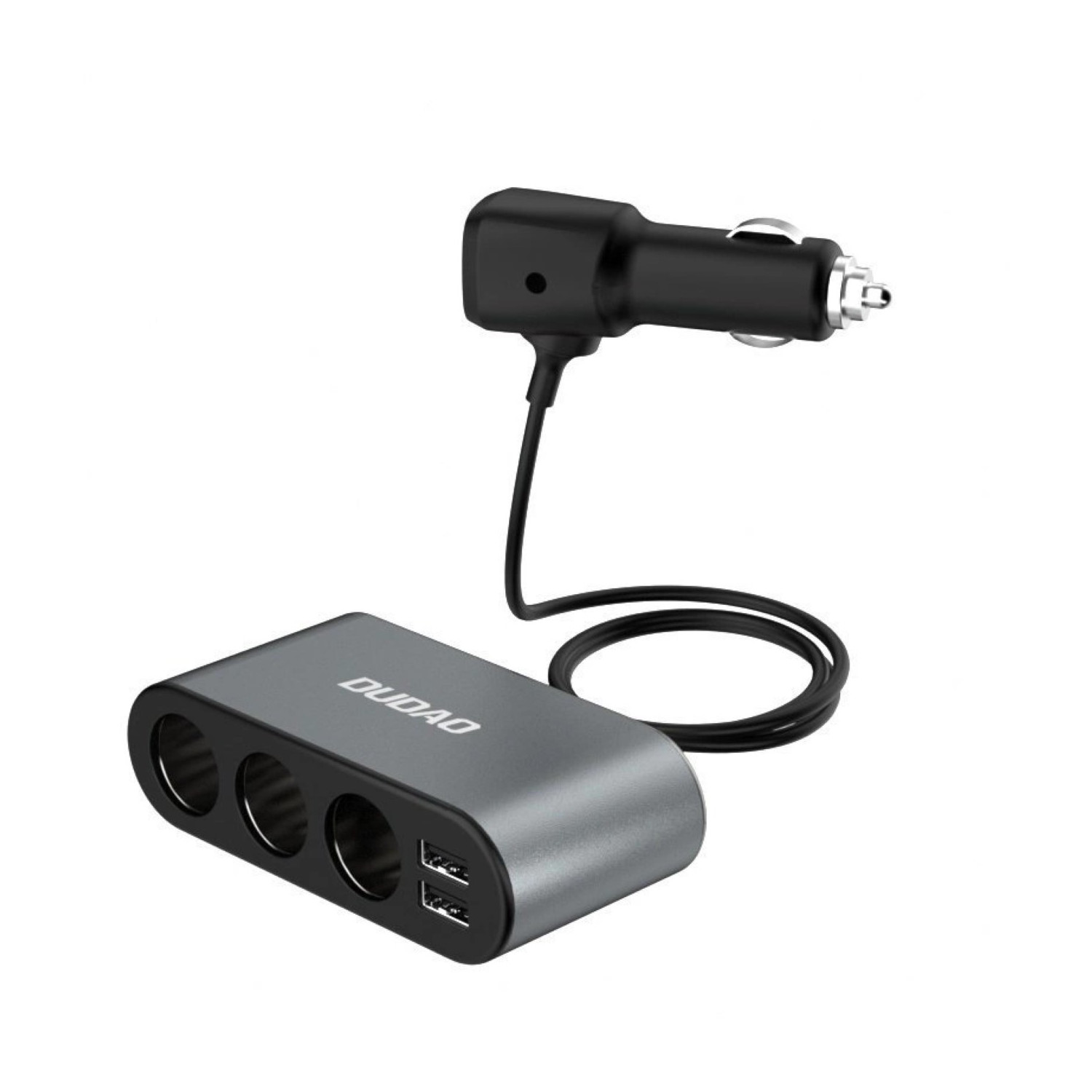 Czarna ładowarka samochodowa z trzema gniazdami i dwoma portami USB, marka DUDAO. Odizolowana na białym tle.