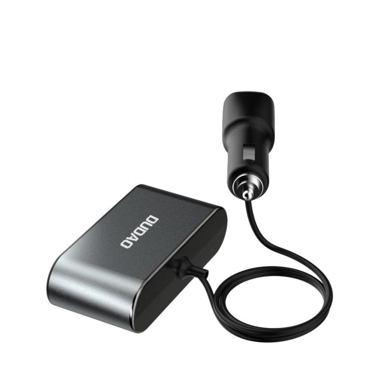 Czarna ładowarka samochodowa z pojedynczym gniazdem, marka DUDAO. Odizolowana na białym tle.