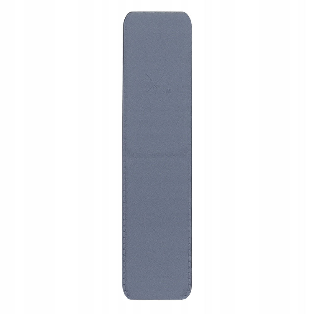 Długie, cienkie, niebieskoszare etui na telefon z szytą krawędzią i białym logo.