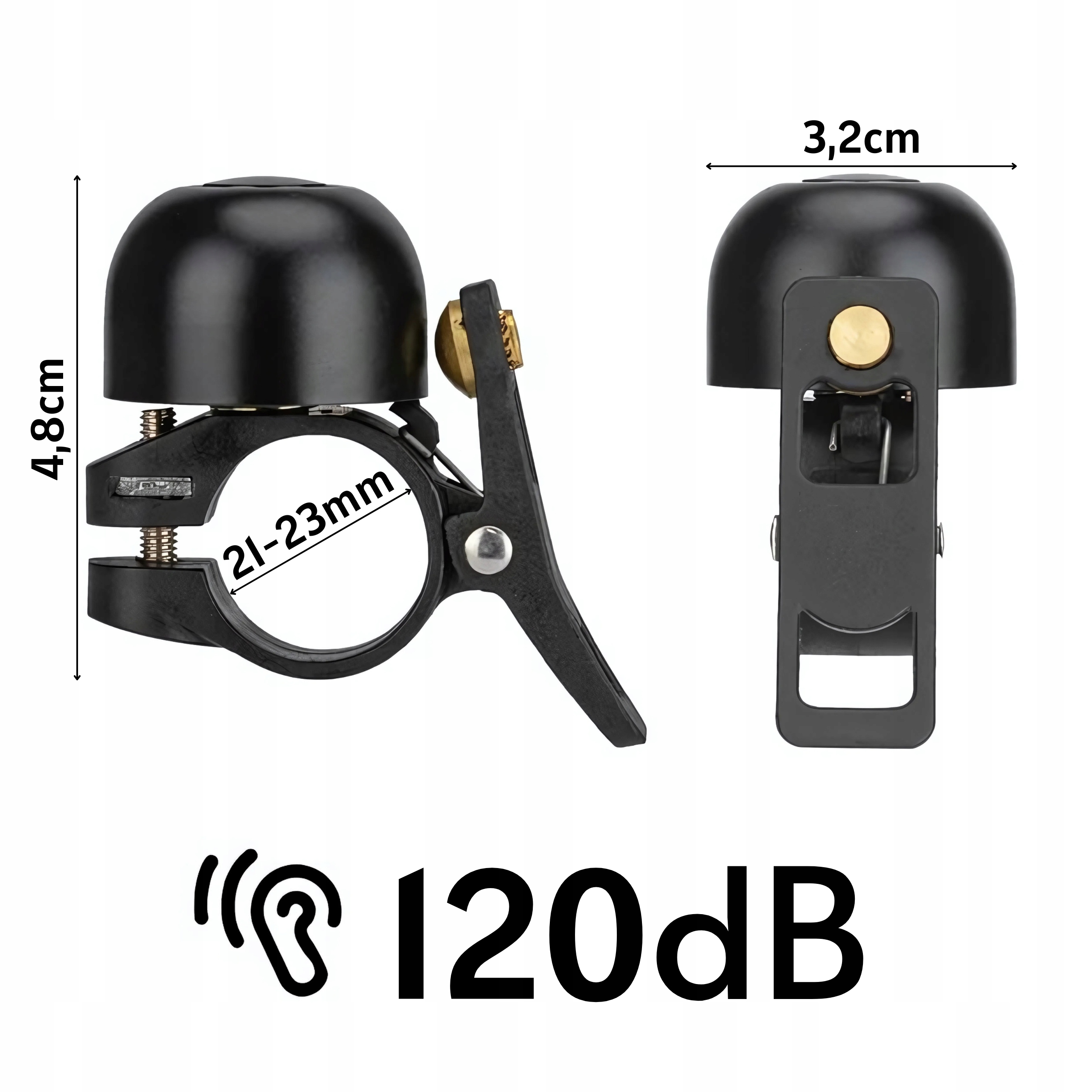 Czarny dzwonek rowerowy z wymiarami i poziomem dźwięku 120dB ze stylizowanym uchem.