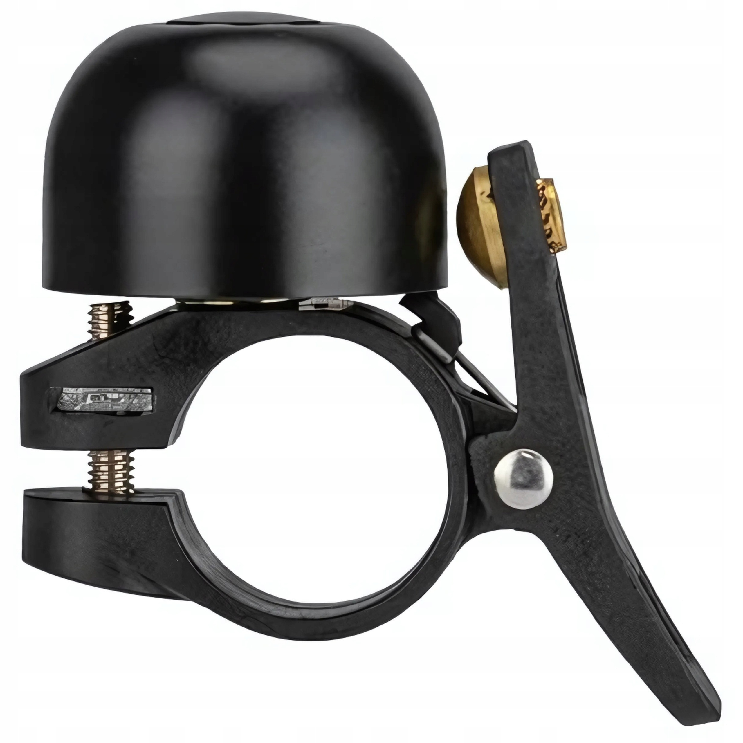 Czarny dzwonek rowerowy z czarnym wspornikiem montażowym. Dzwonek jest zamontowany na kierownicy.