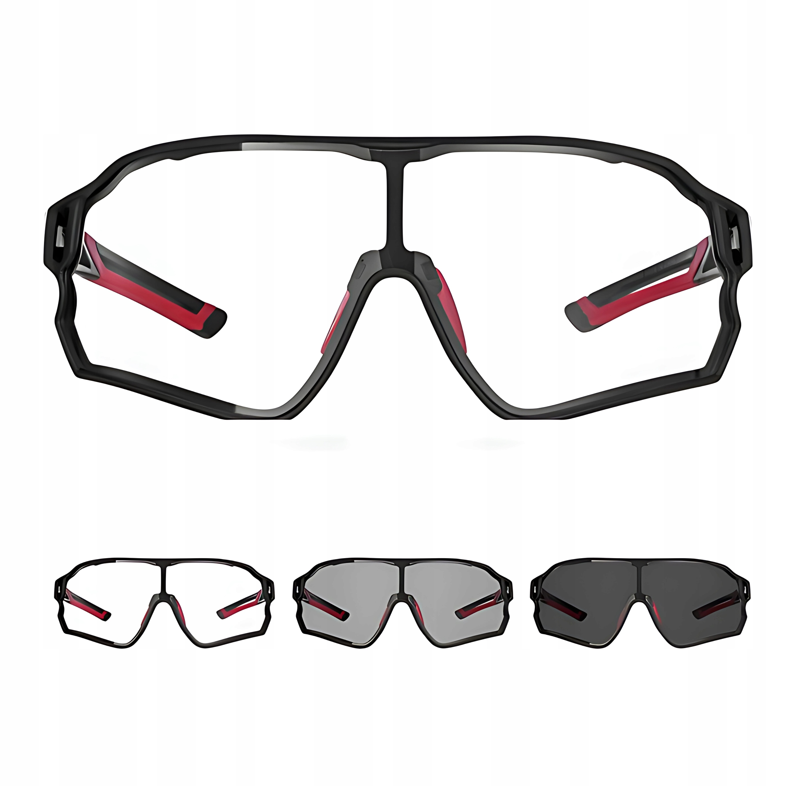 Czarne okulary przeciwsłoneczne do kolarstwa z czerwonymi akcentami i trzema opcjami szkieł.