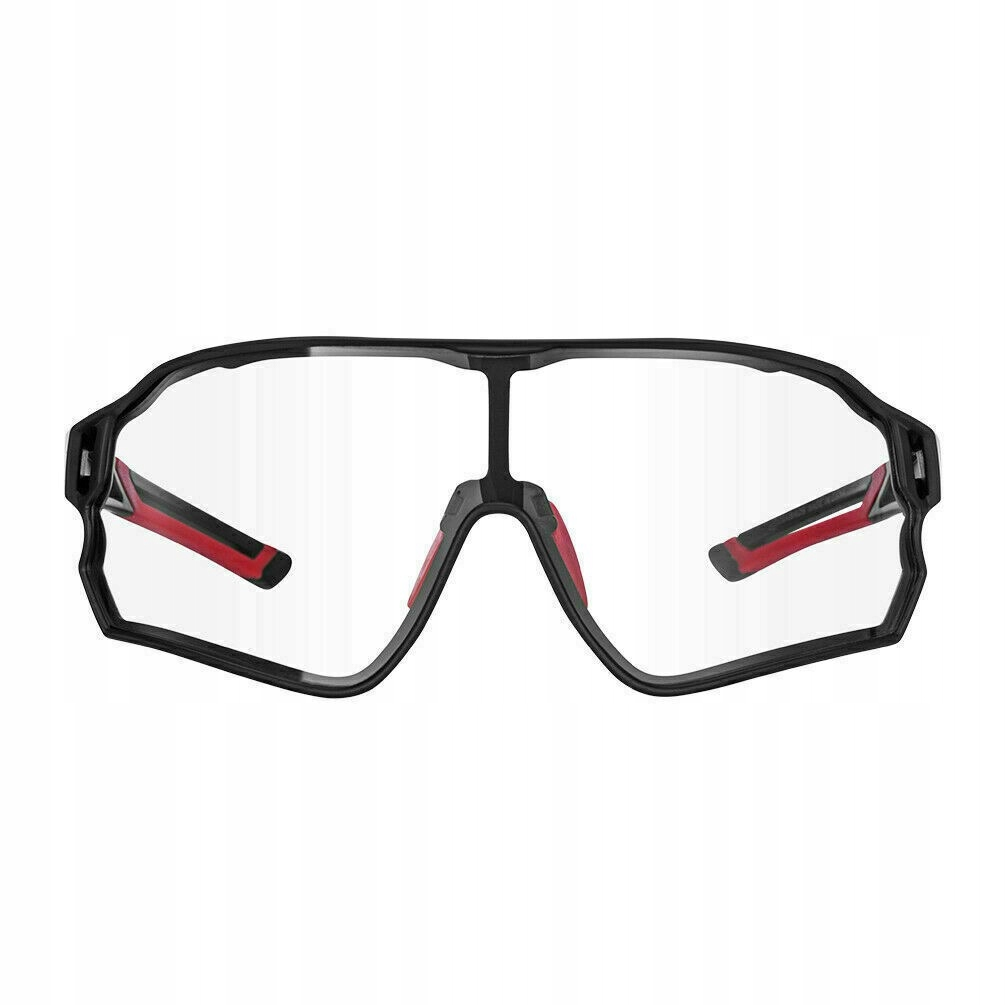 Czarne okulary przeciwsłoneczne do kolarstwa z czerwonymi akcentami. Szkła są przezroczyste.