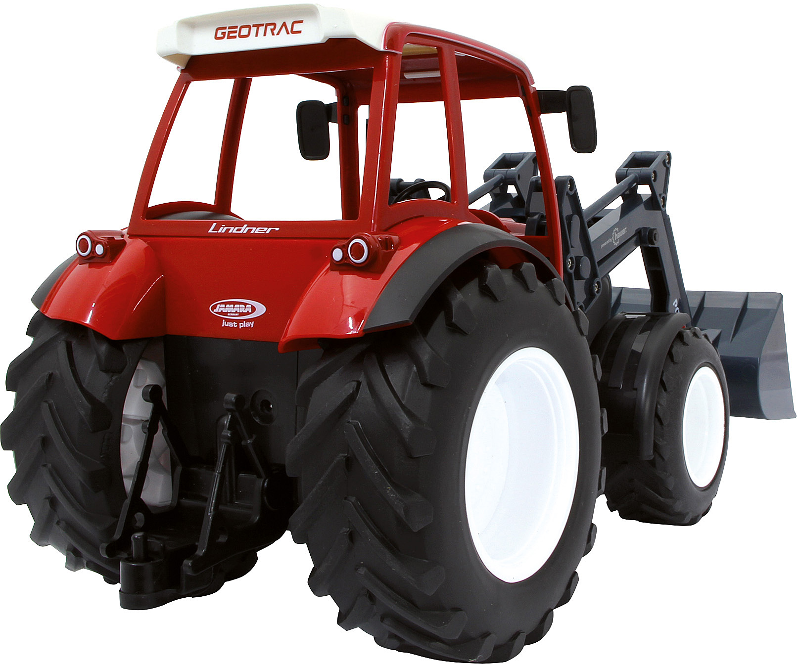 Ein roter Spielzeugtraktor mit weißem Dach, schwarzen Reifen und Frontlader, auf weißem Grund.