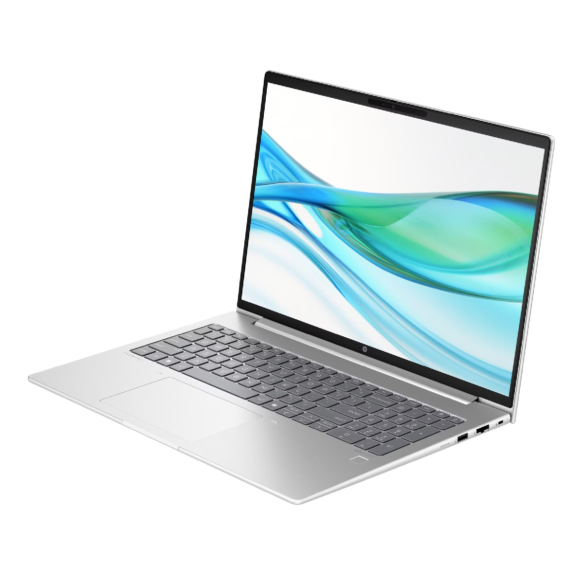 Zilveren laptop met scherm met groen en blauw abstract ontwerp. Open, toetsenbord zichtbaar.