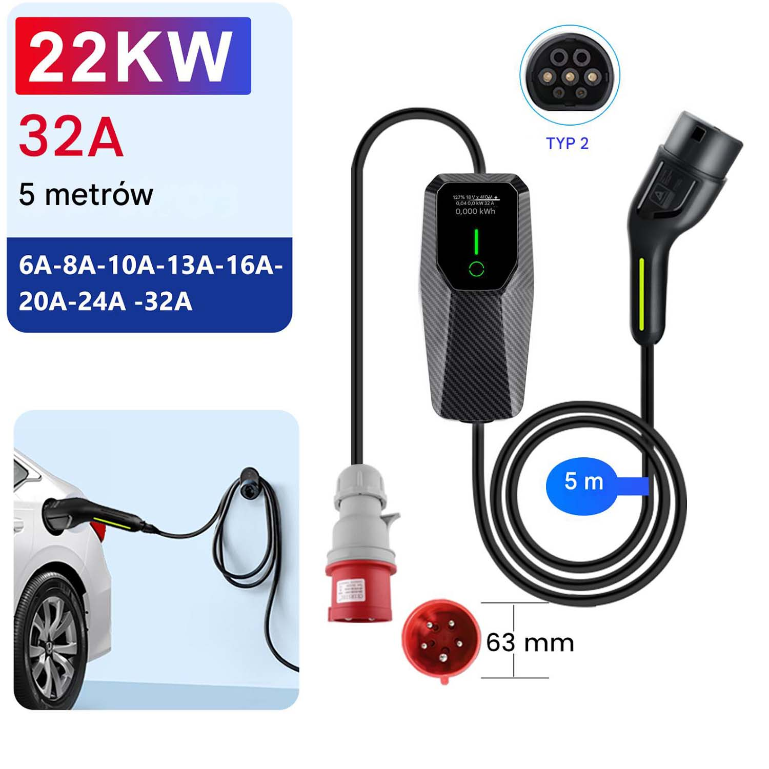 Ładowarka EV z czarnym kablem, czerwoną wtyczką i wyświetlaczem cyfrowym. Tekst i samochód.