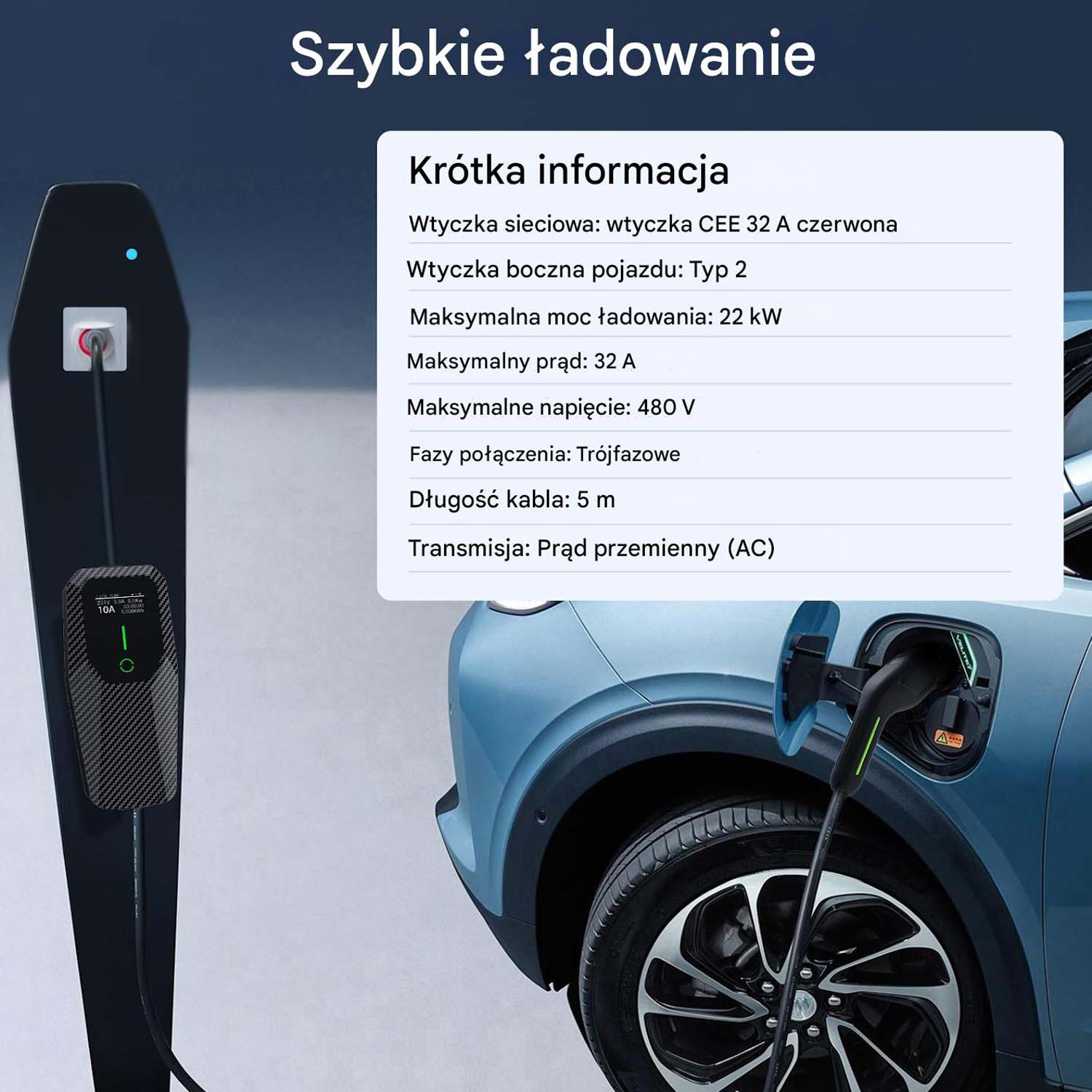 Ładowarka EV z wyświetlaczem cyfrowym i samochodem. Tekst po polsku opisuje szczegóły ładowania.