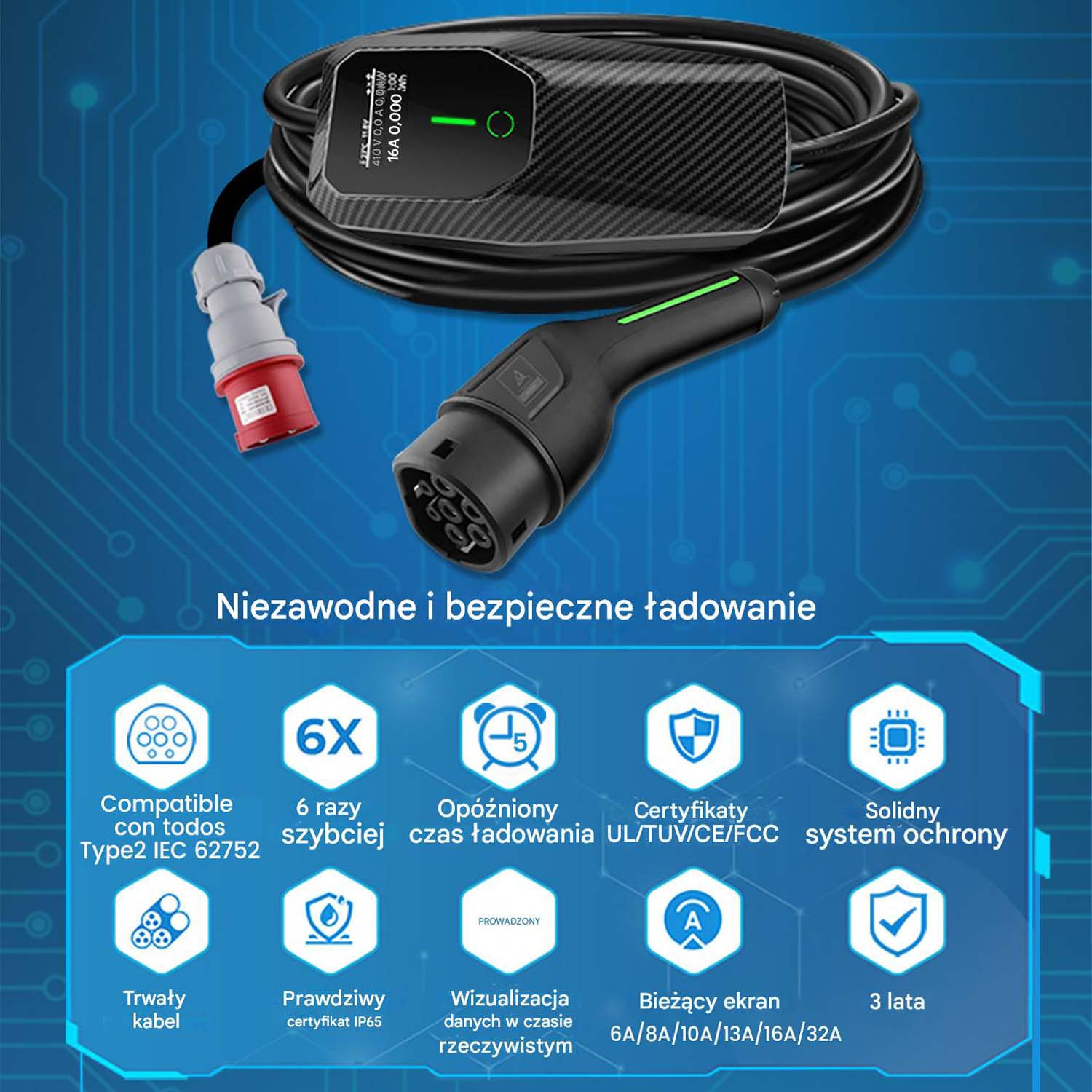 Ładowarka EV z różnymi symbolami wskazującymi funkcje, takie jak szybkie ładowanie i certyfikaty bezpieczeństwa.