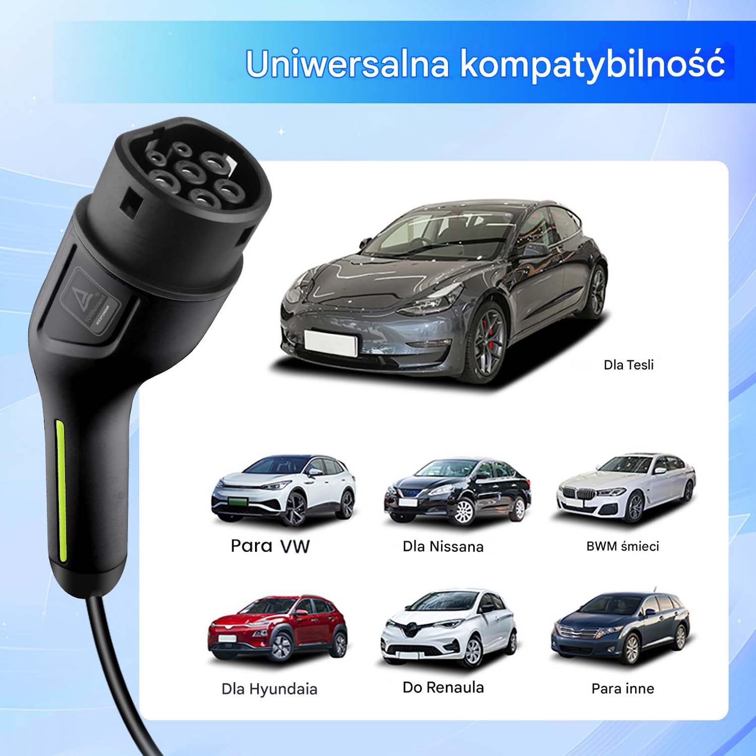 Ładowarka EV obok ilustracji kilku modeli samochodów, w tym Tesla i VW.