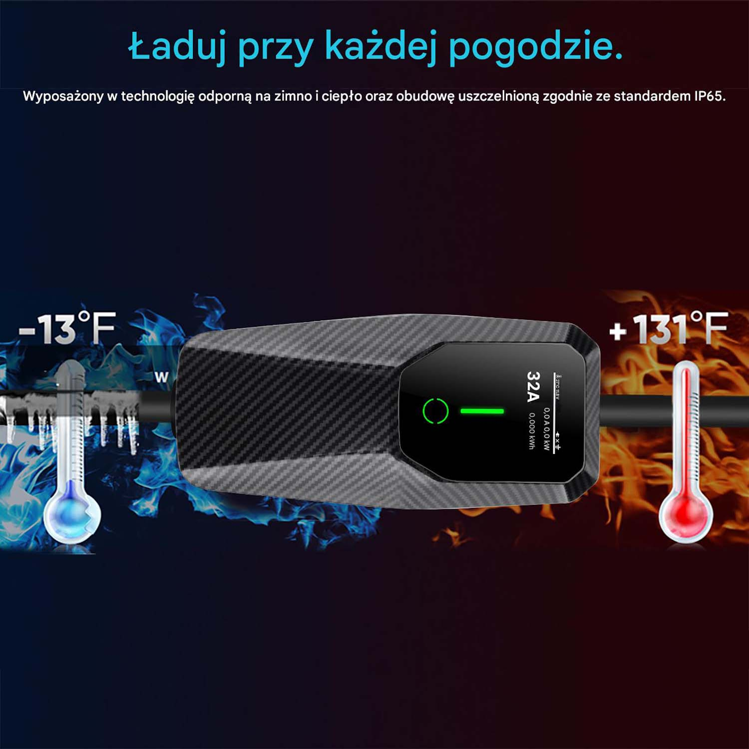 Ładowarka EV z wyświetlaczem cyfrowym i tekstem wskazującym odporność na temperaturę w ekstremalnych warunkach.