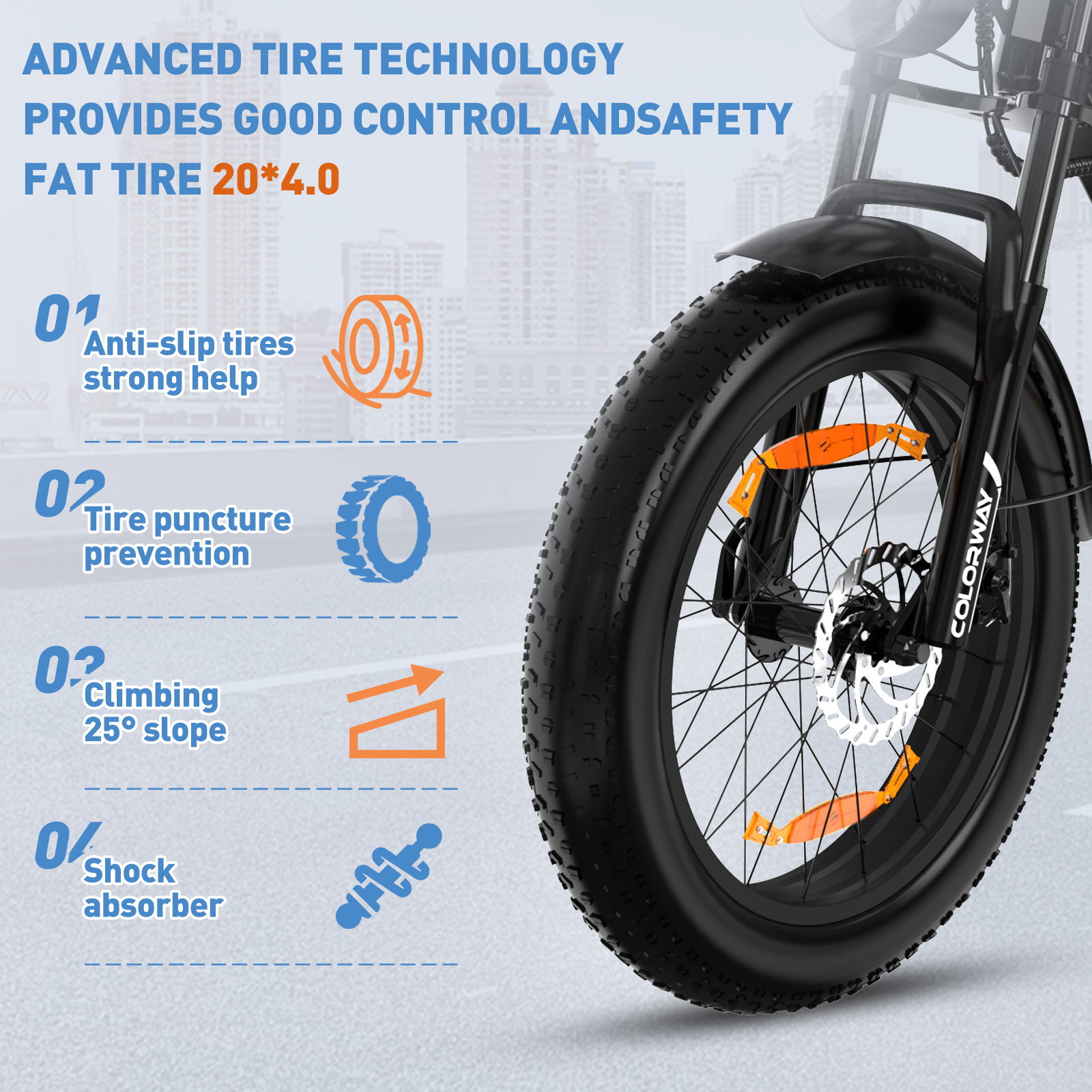 Ein schwarzes Fatbike-Rad mit orangefarbenen Reflektoren und Scheibenbremse. Text gibt Details.