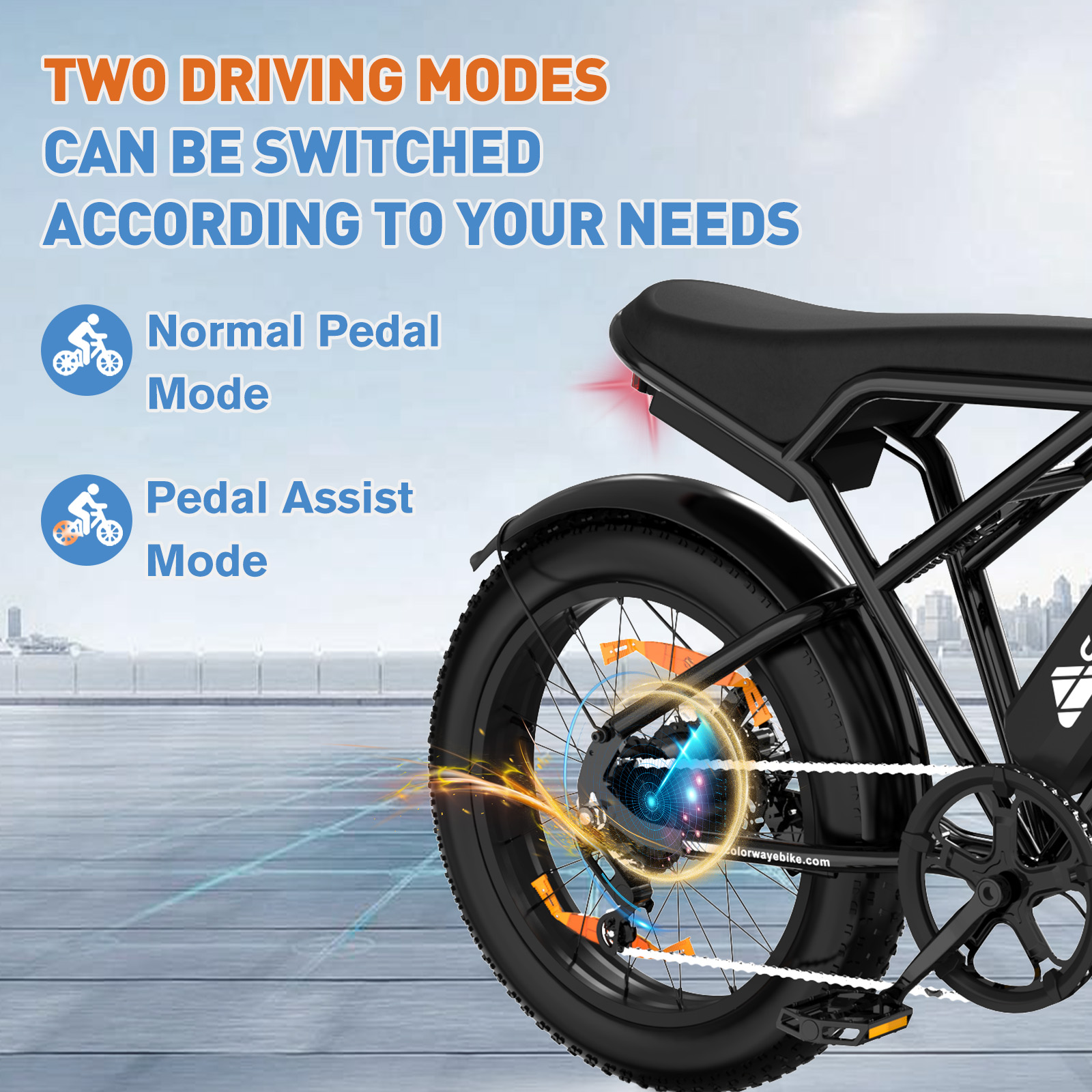 Hinterrad eines E-Bikes, das zwei Fahrmodi zeigt: normaler Pedal- und Pedalunterstützungsmodus.