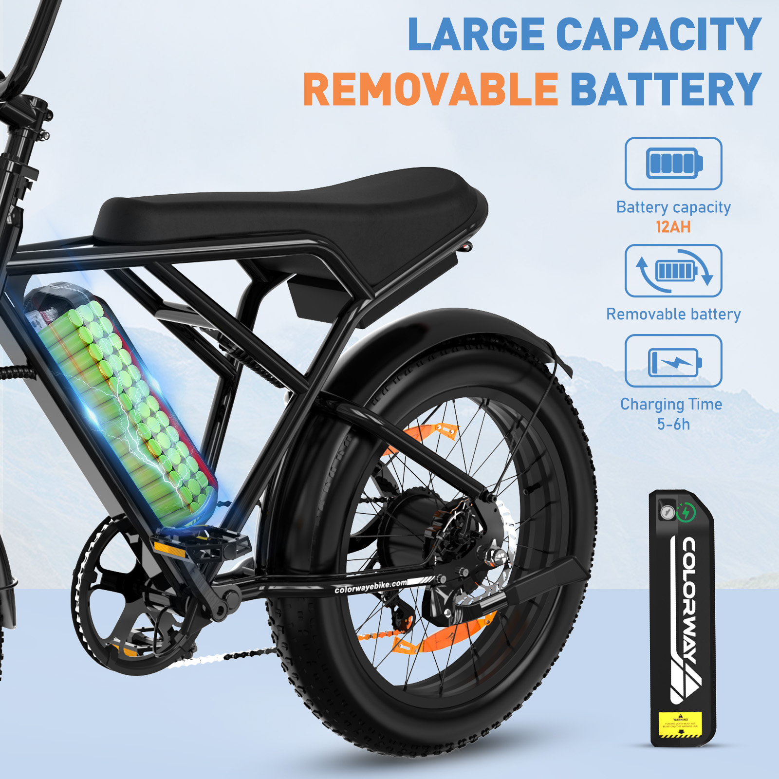 E-Bike mit großem, herausnehmbarem Akku, angezeigt mit einem Akku-Pack-Symbol.
