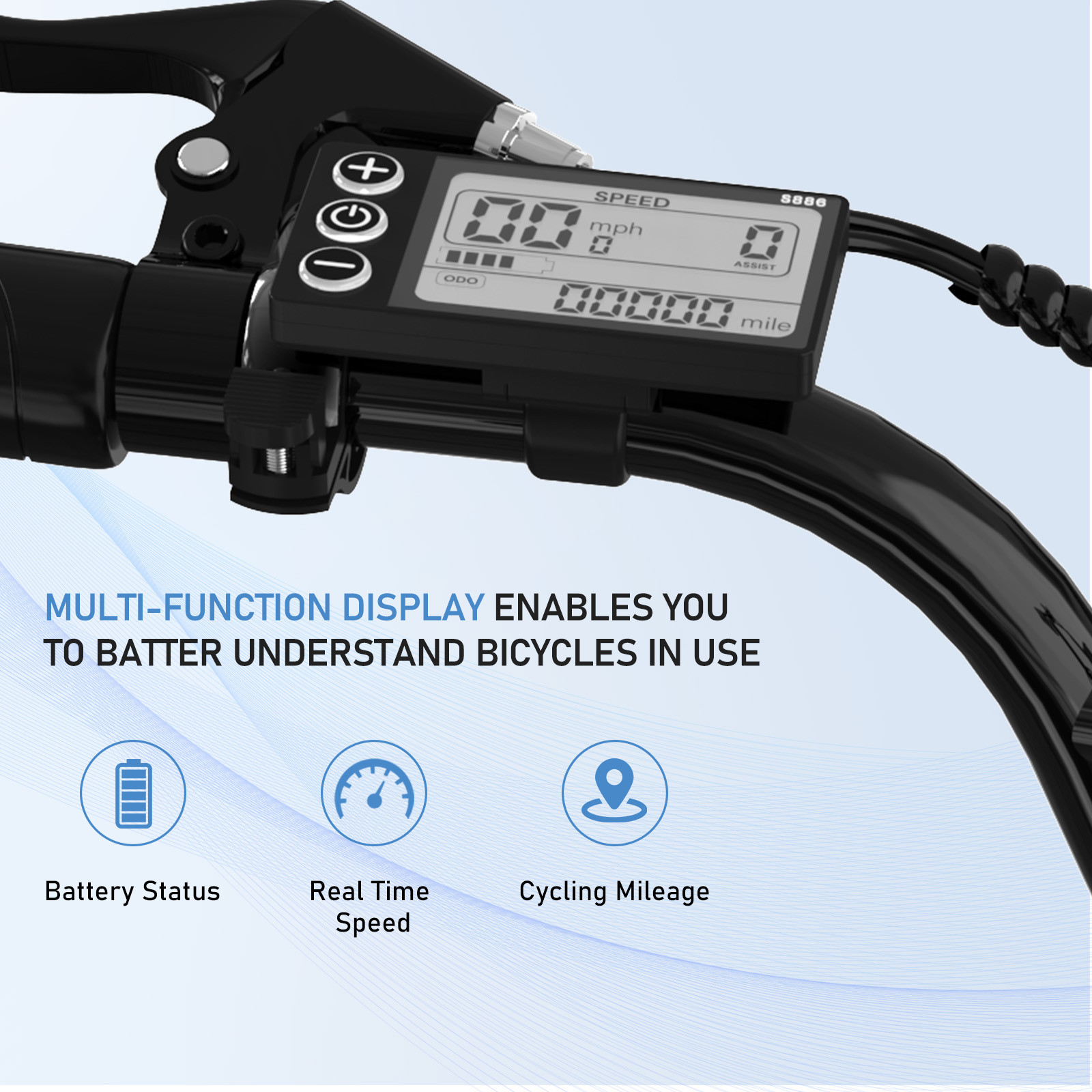 E-Bike-Lenkerdisplay mit Geschwindigkeit, Kilometerstand und Batteriestatus, mit Symbolen darunter.