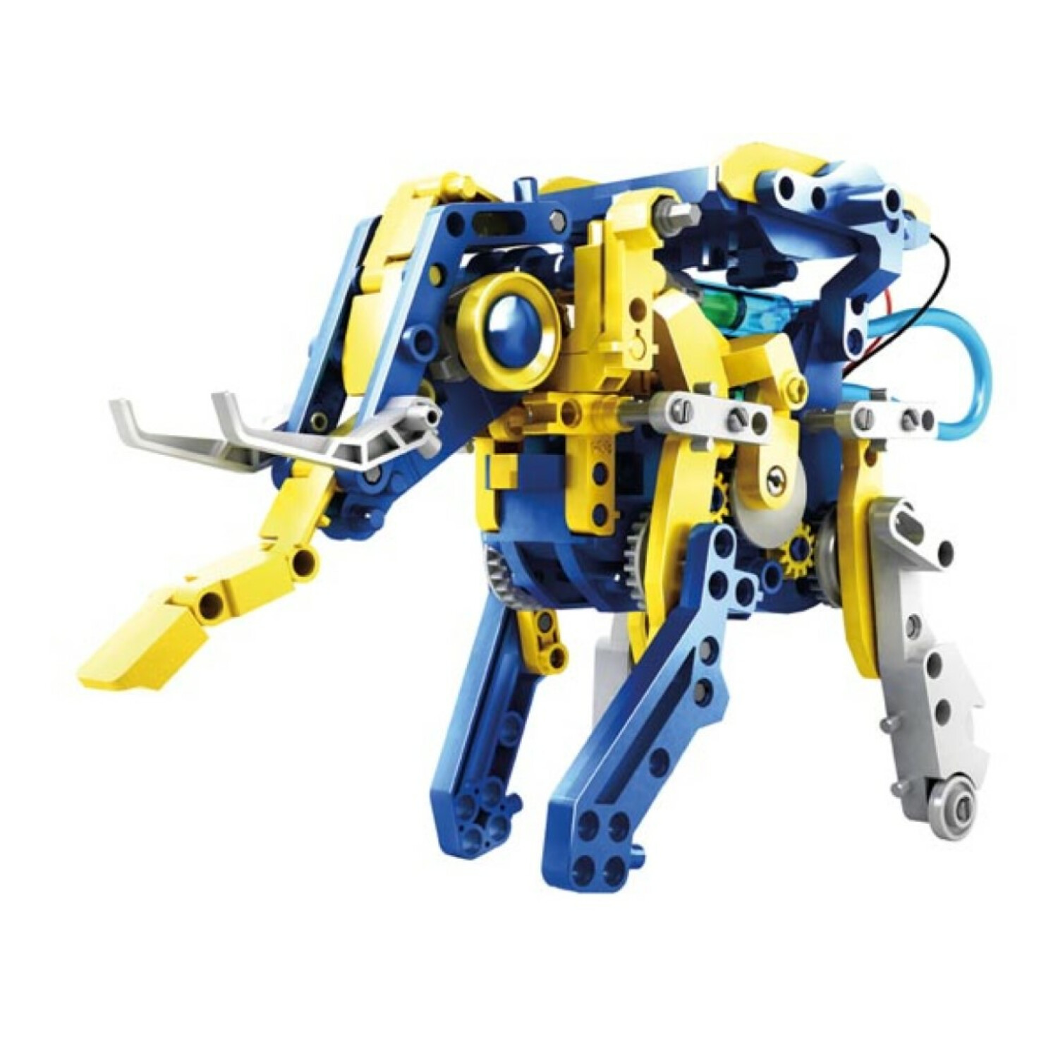 Mechaniczna zabawka słoń zbudowana z niebieskich i żółtych plastikowych części, białych i szarych elementów.