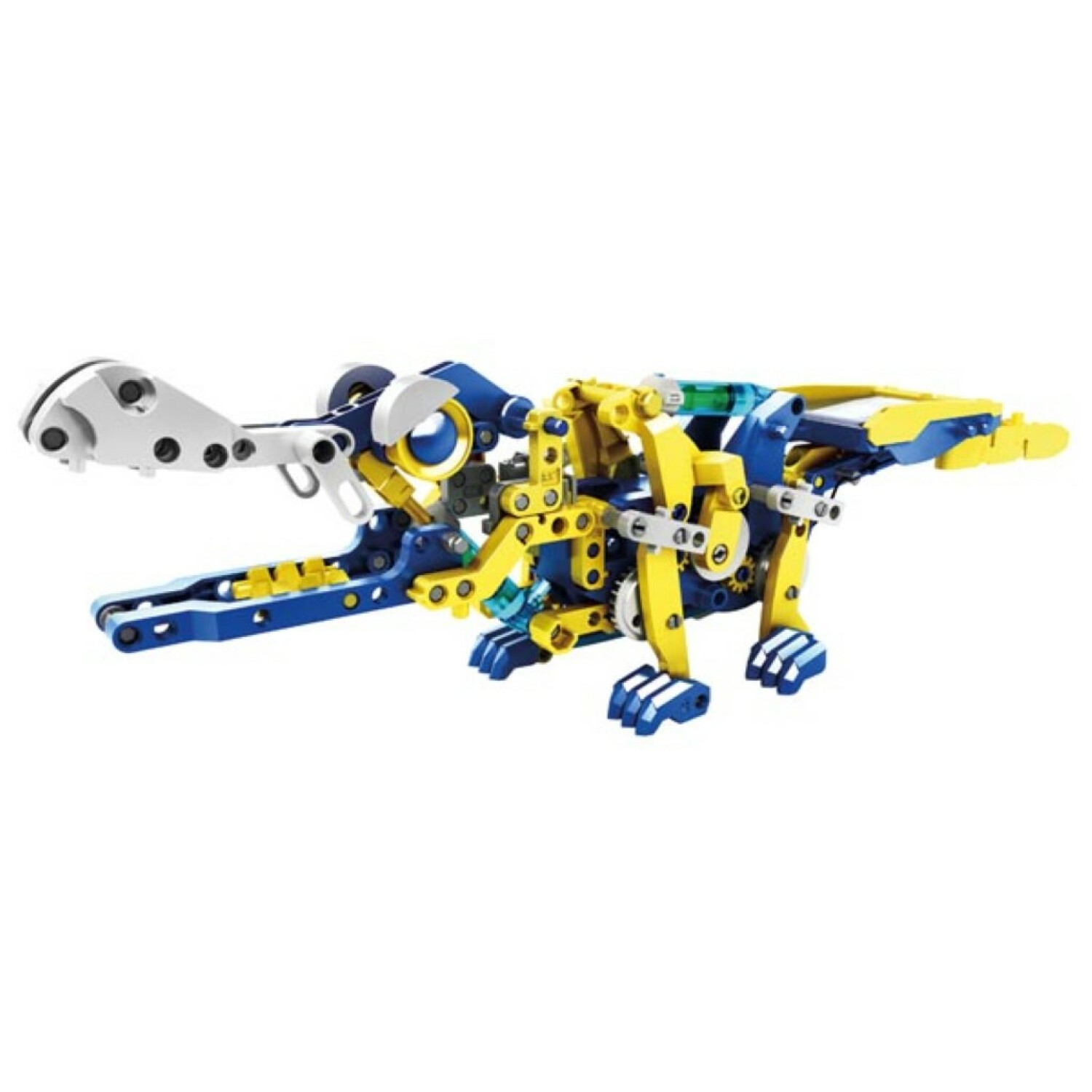 Mechaniczny dinozaur zabawka zbudowany z niebieskich i żółtych plastikowych części oraz białych elementów.