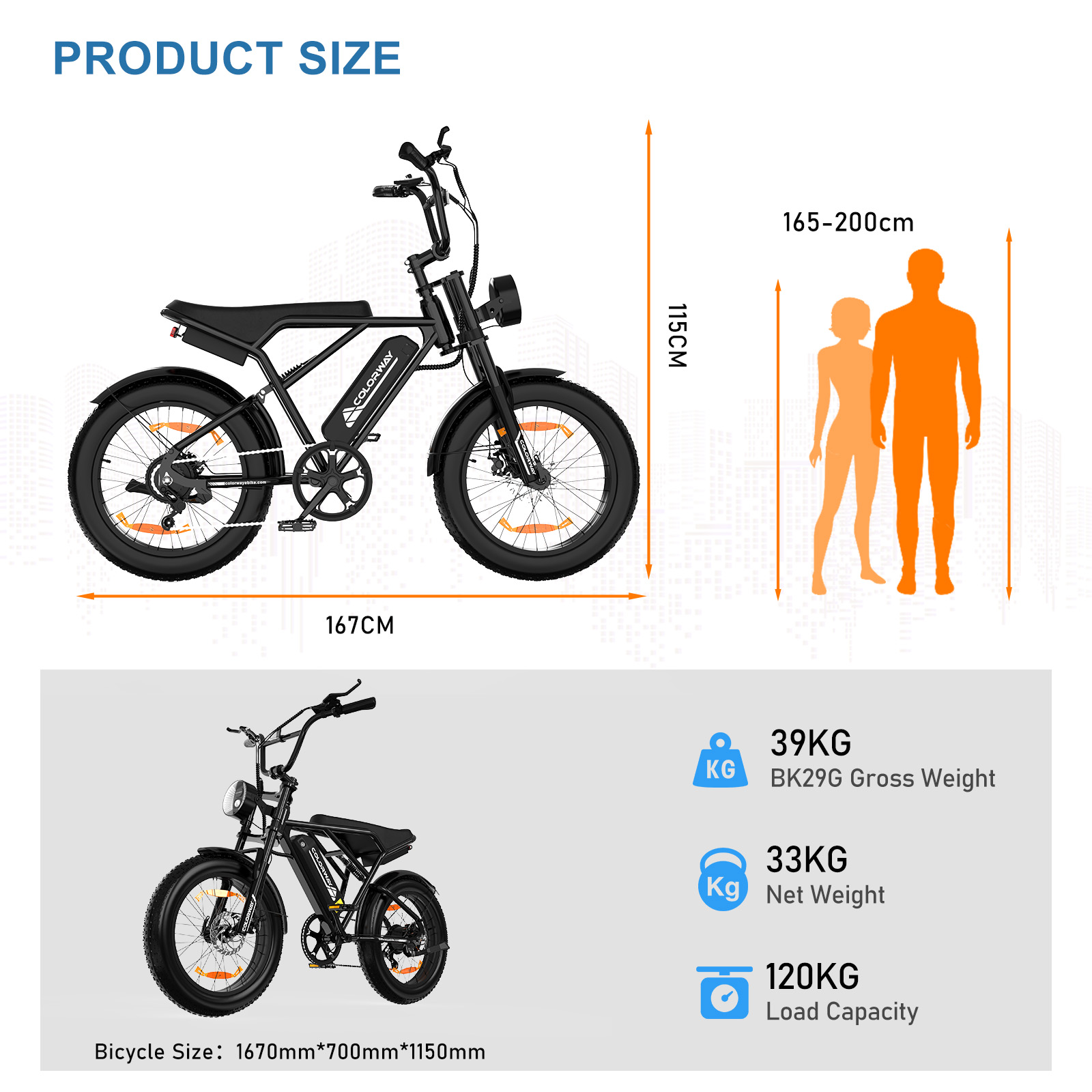 E-Bike-Produktspezifikationen: Fahrradabmessungen, Höhenbereich und Gewichtsdetails.