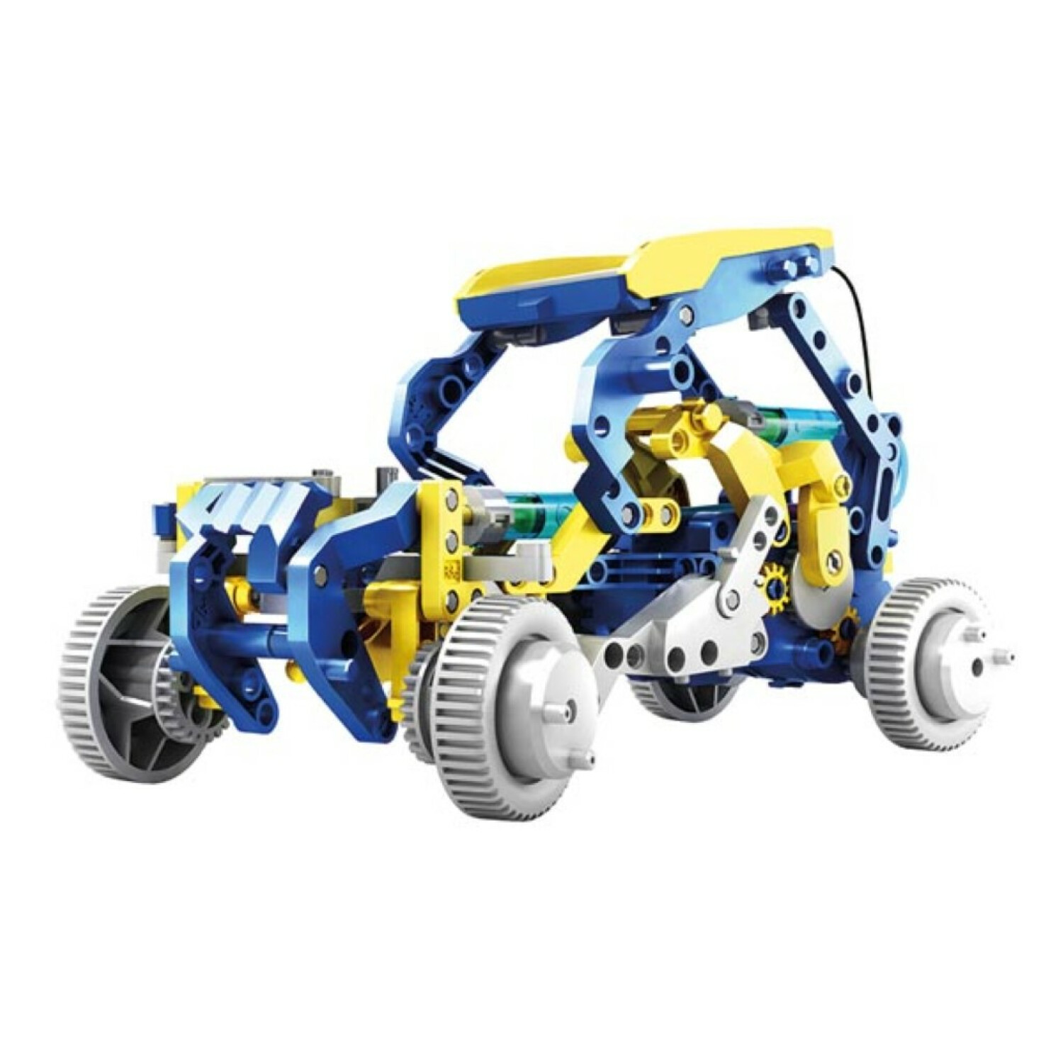 Niebiesko-żółty pojazd zabawkowy na czterech kołach, z ramieniem dźwigopodobnym i żółtym dachem.