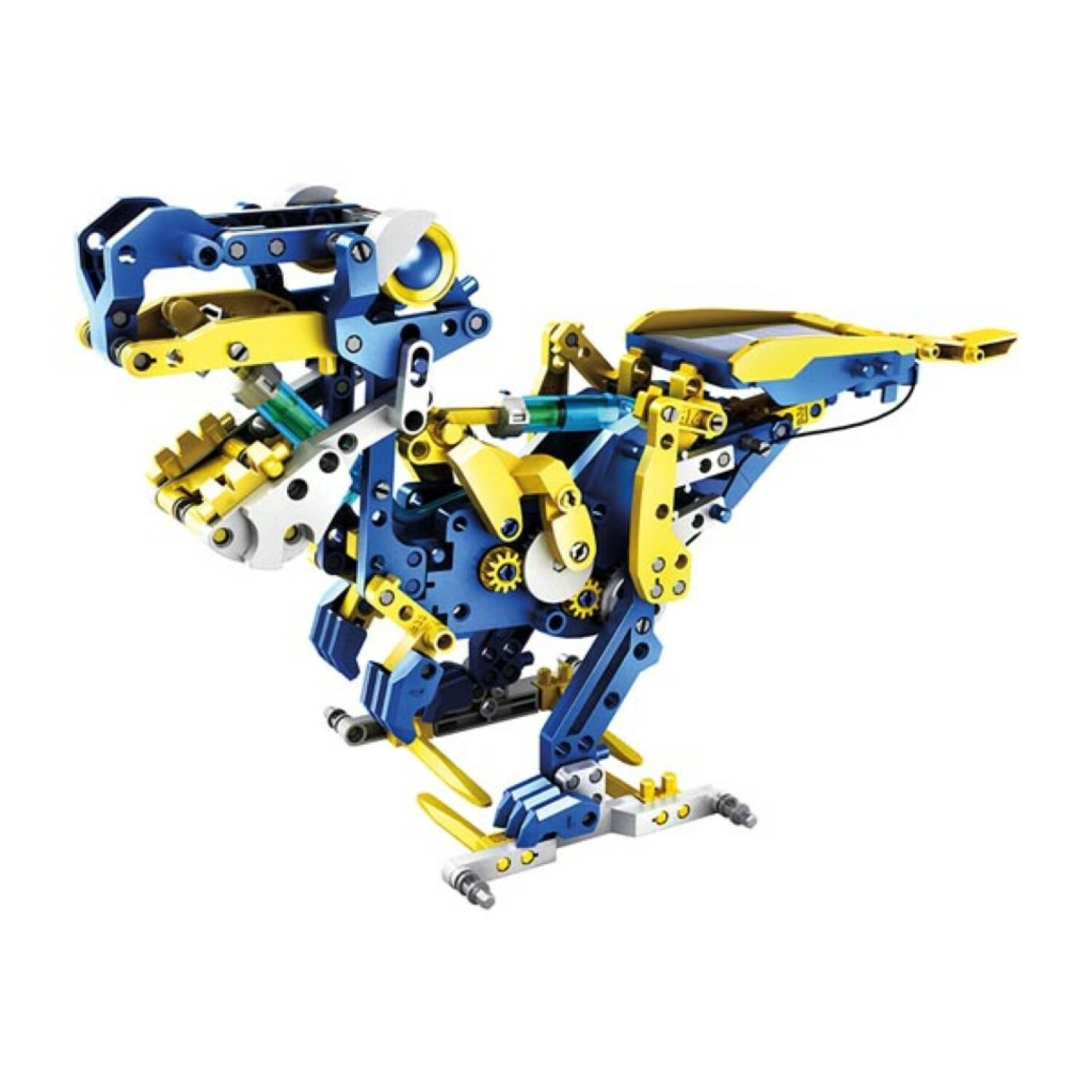 Mechaniczny dinozaur zabawka zbudowany z niebieskich i żółtych plastikowych części, białych elementów.