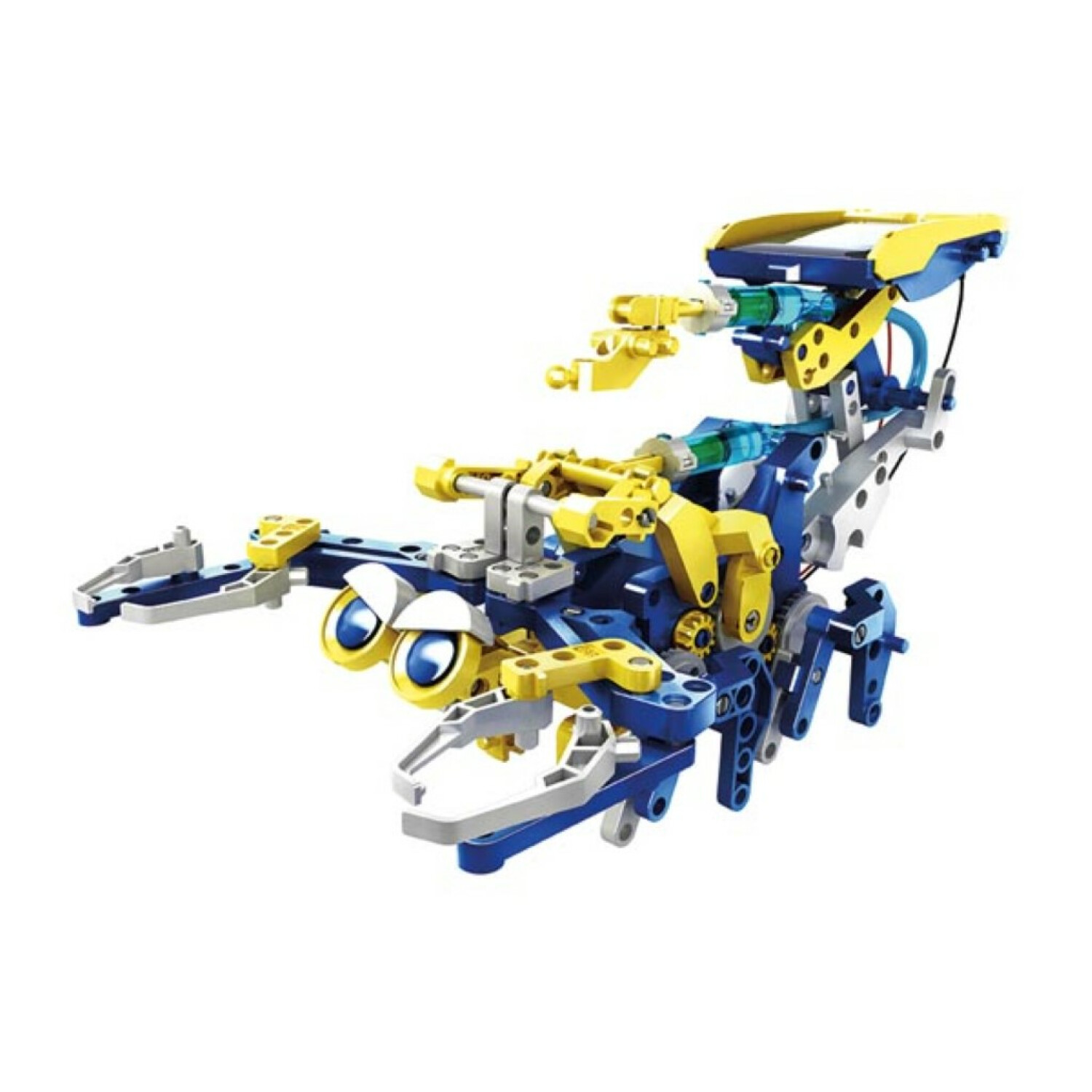 Zabawka skorpion wykonana z niebieskich, żółtych i białych plastikowych części z wieloma przegubowymi ramionami.