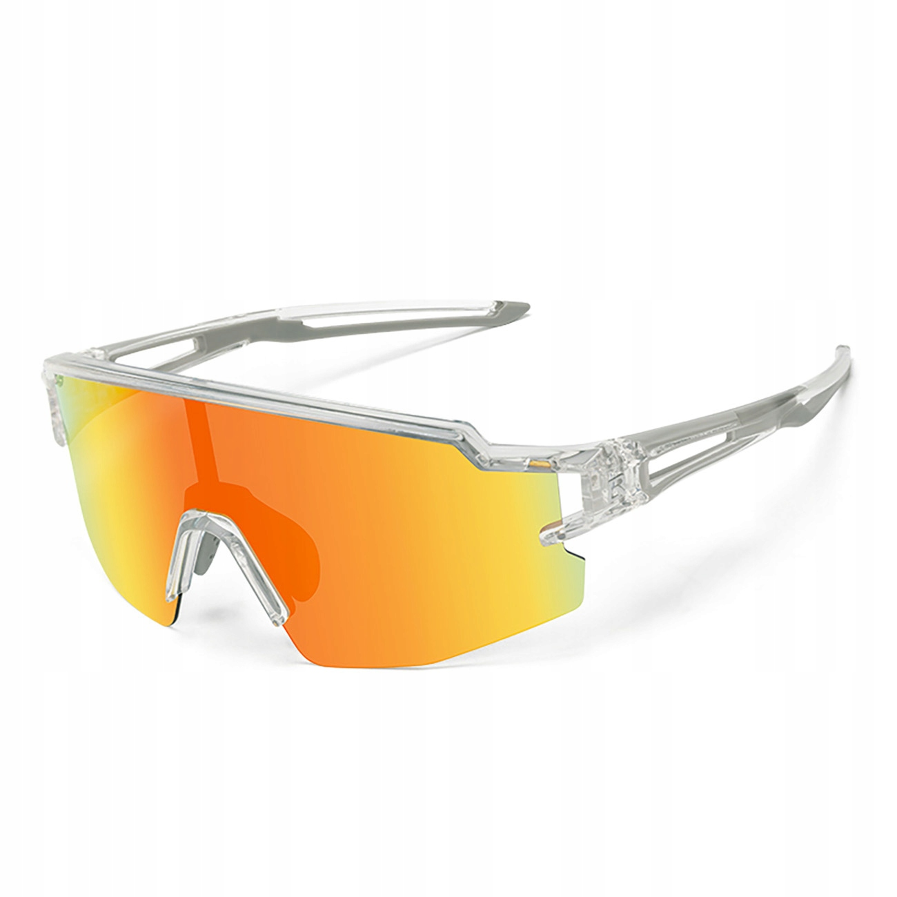 Sportsonnenbrille mit orange verspiegelten Gläsern und transparentem Rahmen auf weißem Untergrund.