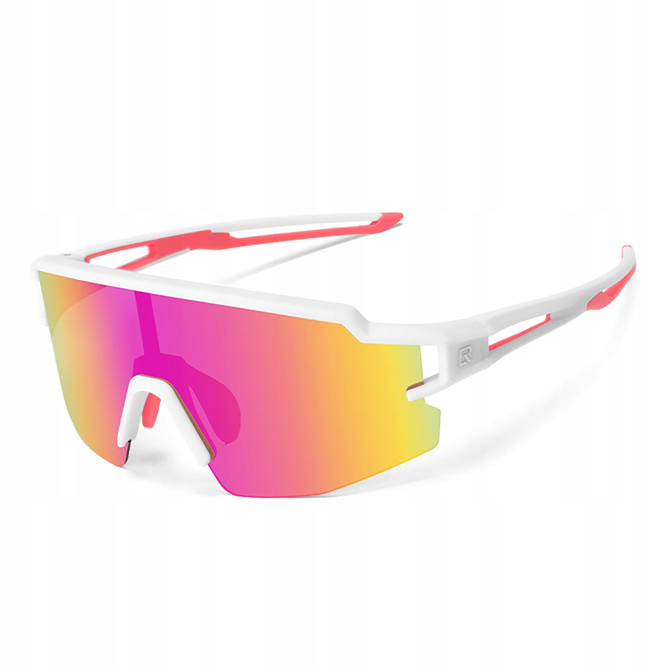 Weiße Sportsonnenbrille mit rosa-gelbem Farbverlauf. Der Rahmen hat einen roten Akzent.