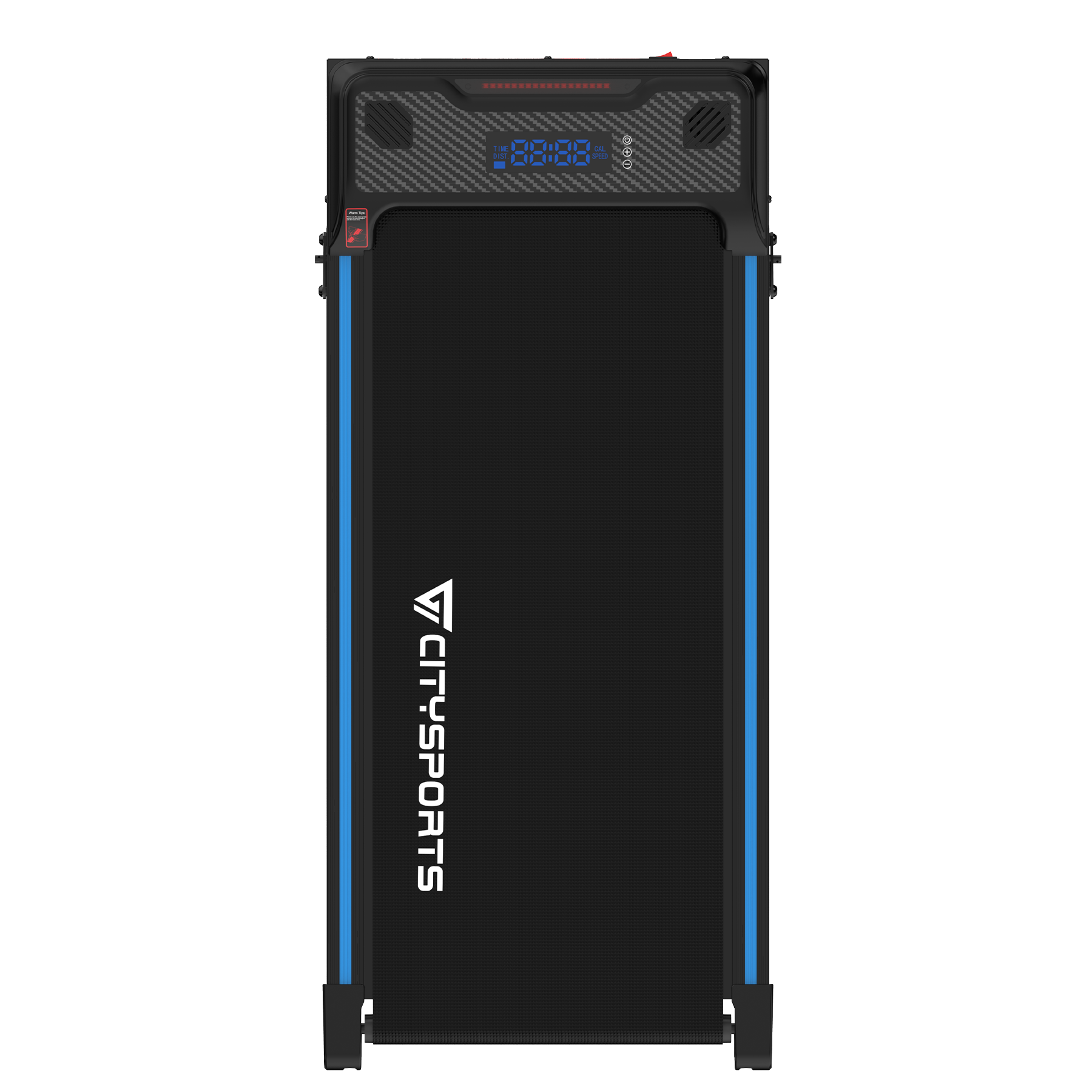 Czarna bieżnia z góry, z niebiesko-białym logo i cyfrowym wyświetlaczem na górze.