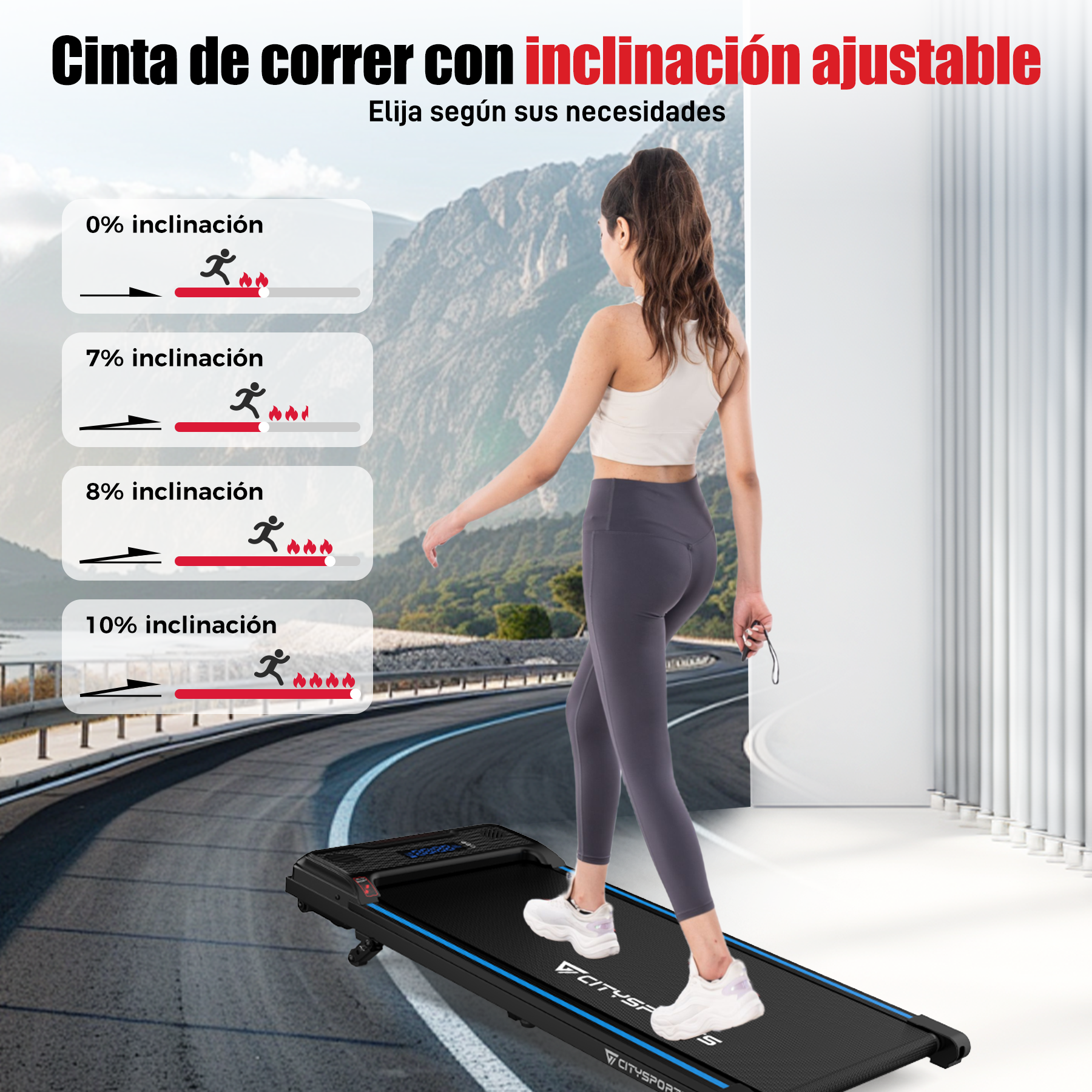 Una mujer caminando en una cinta de correr. La imagen muestra diferentes inclinaciones y sus efectos.