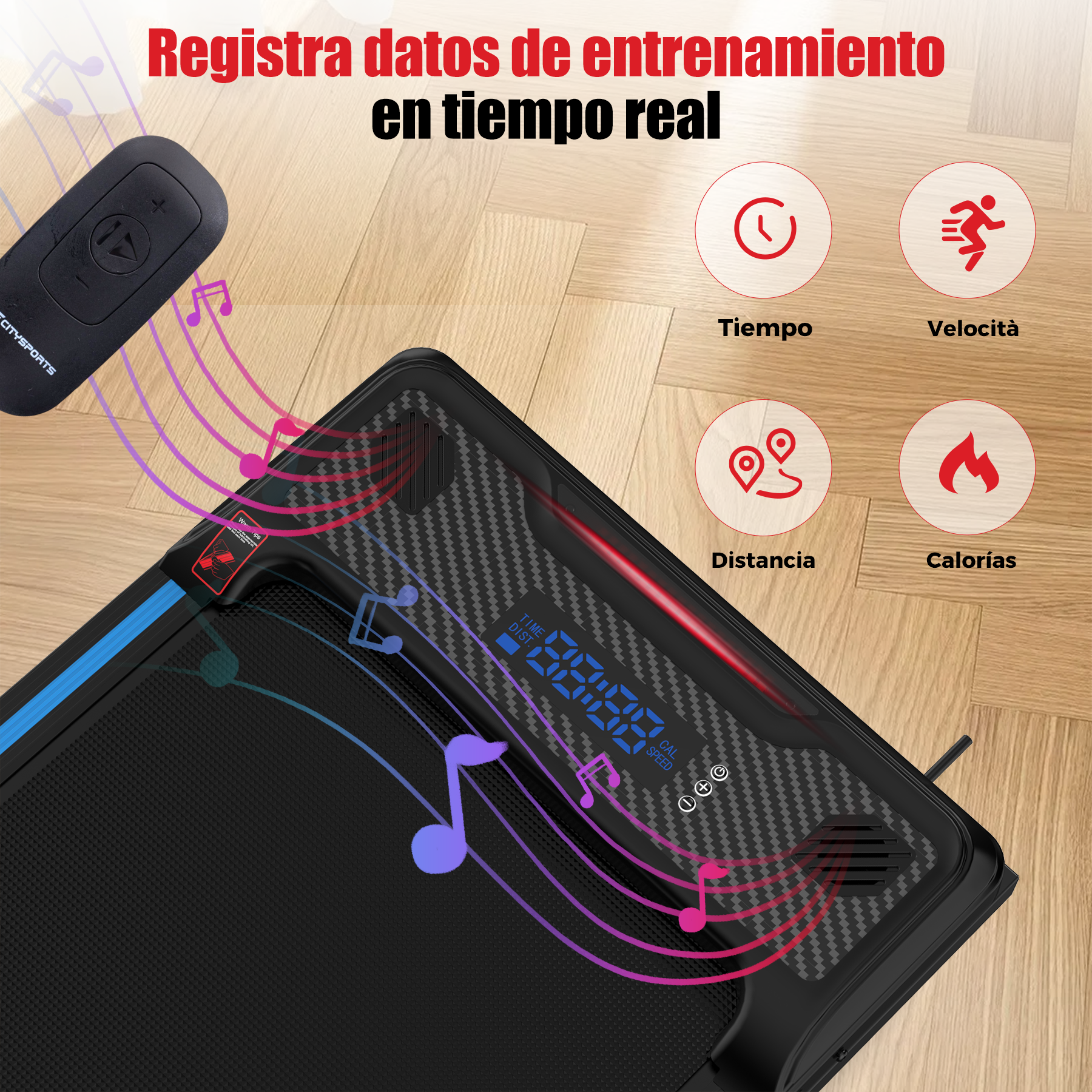 Primer plano de la pantalla de la cinta de correr, mostrando tiempo, velocidad, distancia y calorías. Notas musicales.