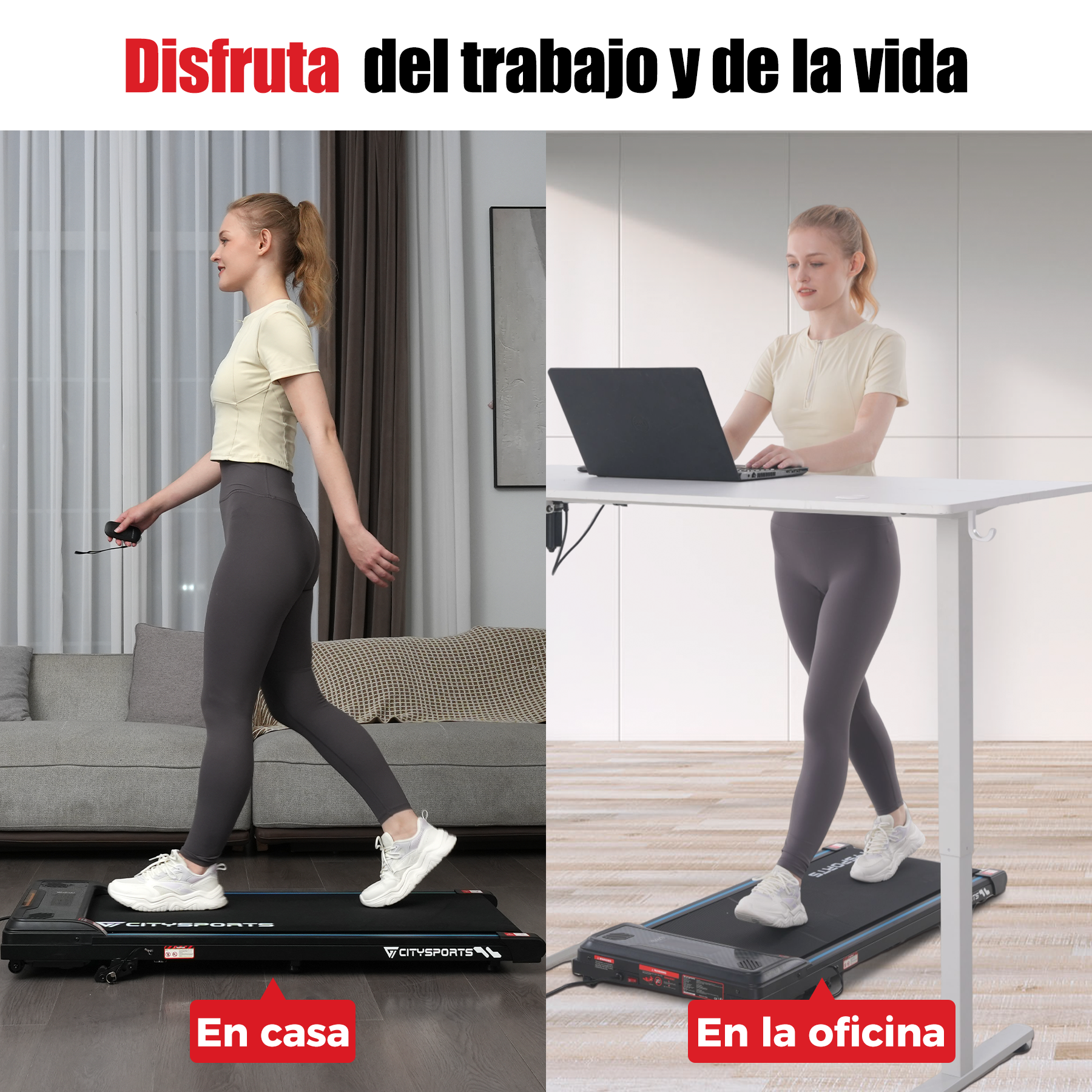 Una mujer caminando en una cinta de correr en casa y en la oficina. Promociona el uso de la cinta.