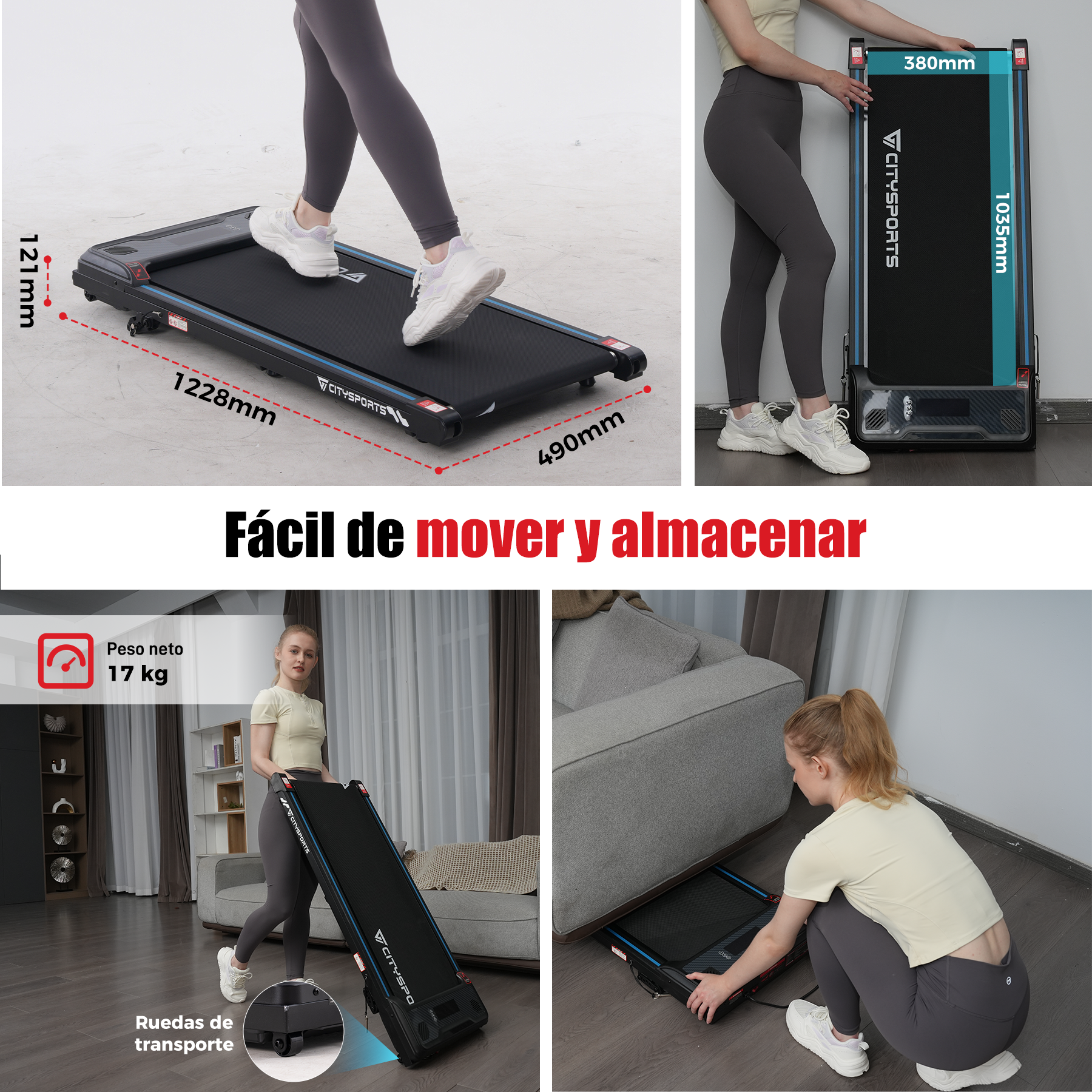 Una mujer usa una cinta de correr. La imagen muestra dimensiones y facilidad de almacenamiento y movimiento.