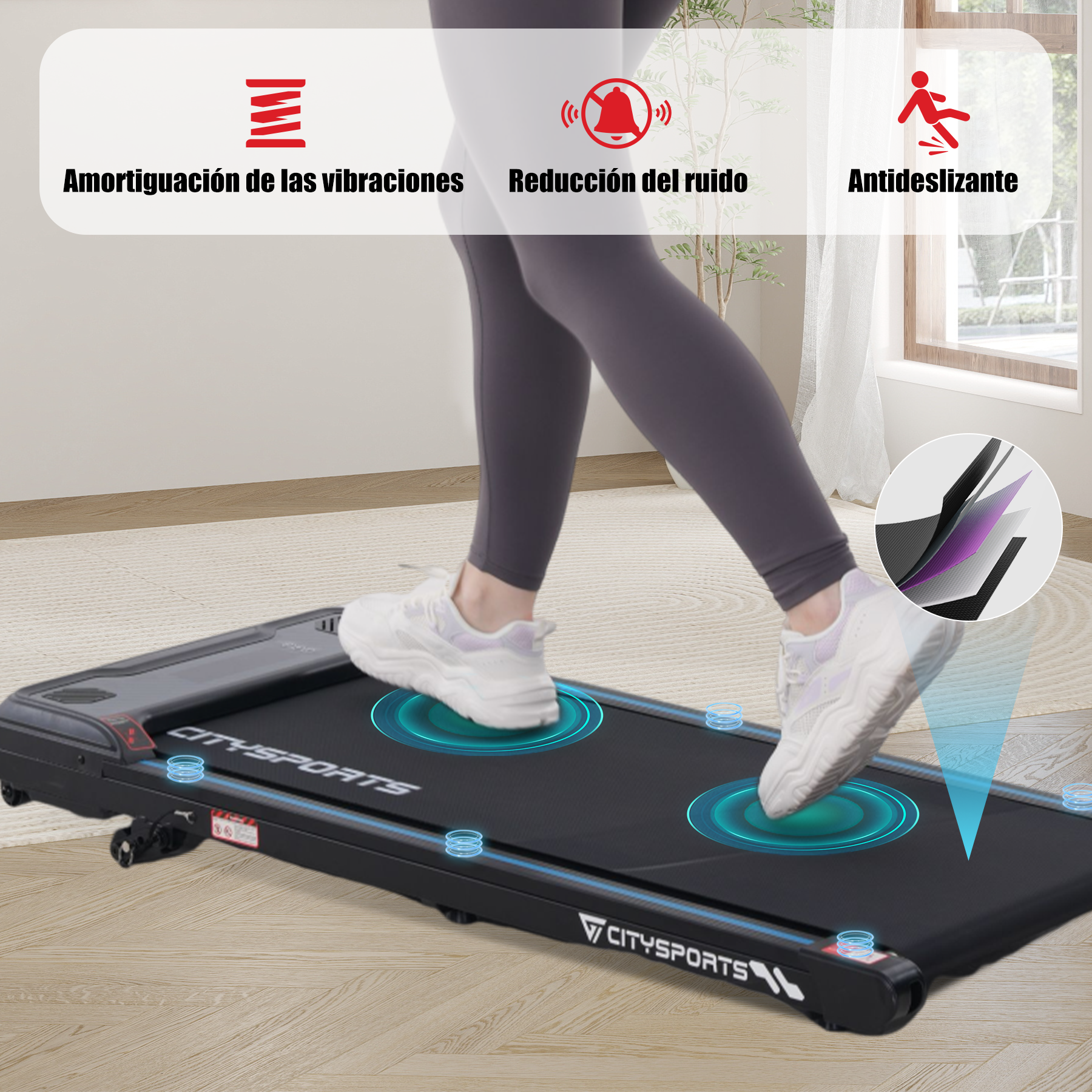 Una mujer caminando en una cinta de correr, destacando funciones como absorción de vibraciones, reducción de ruido y antideslizante.