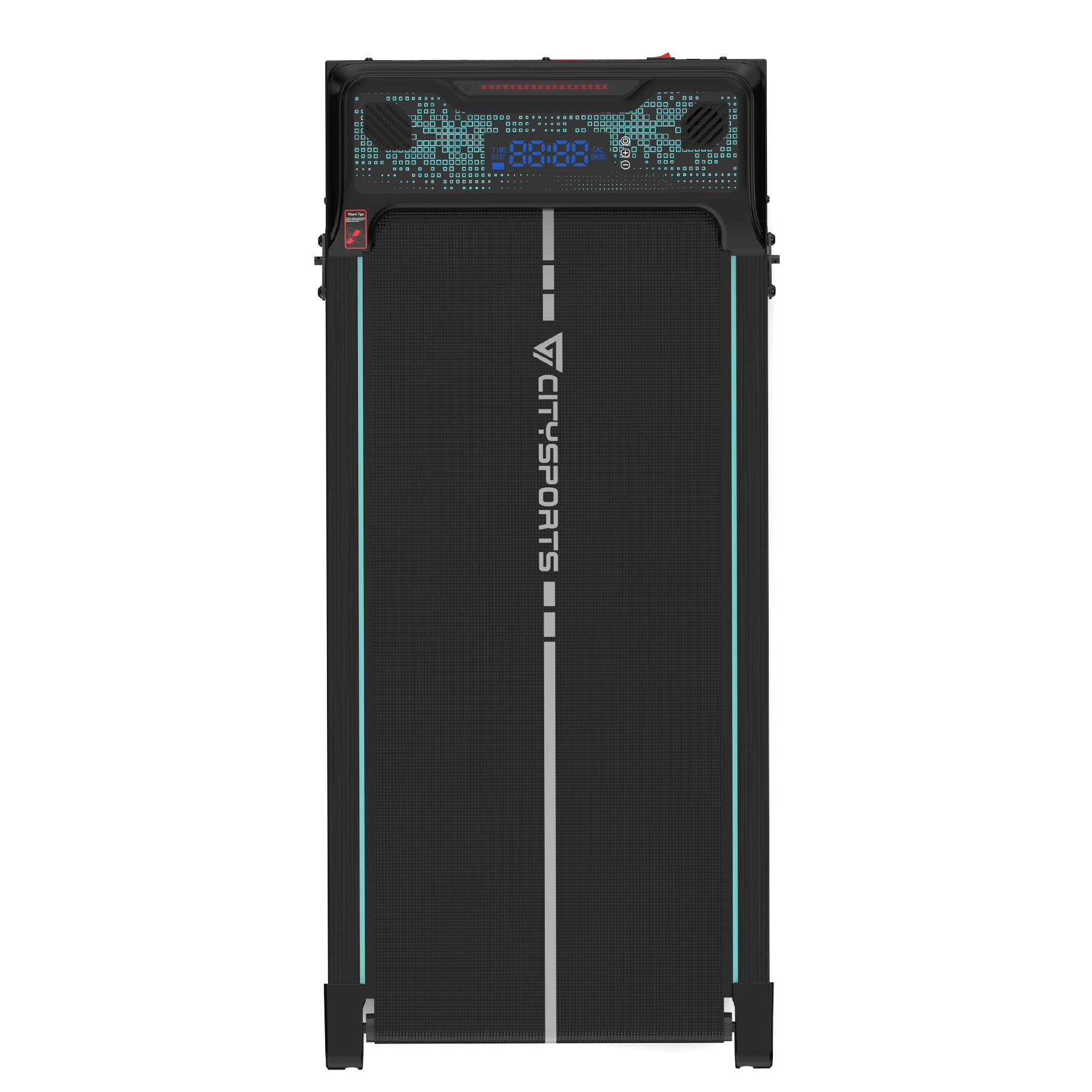 Widok z góry na czarną bieżnię z cyfrowym wyświetlaczem i niebieskimi akcentami. Widoczne logo Citysports.