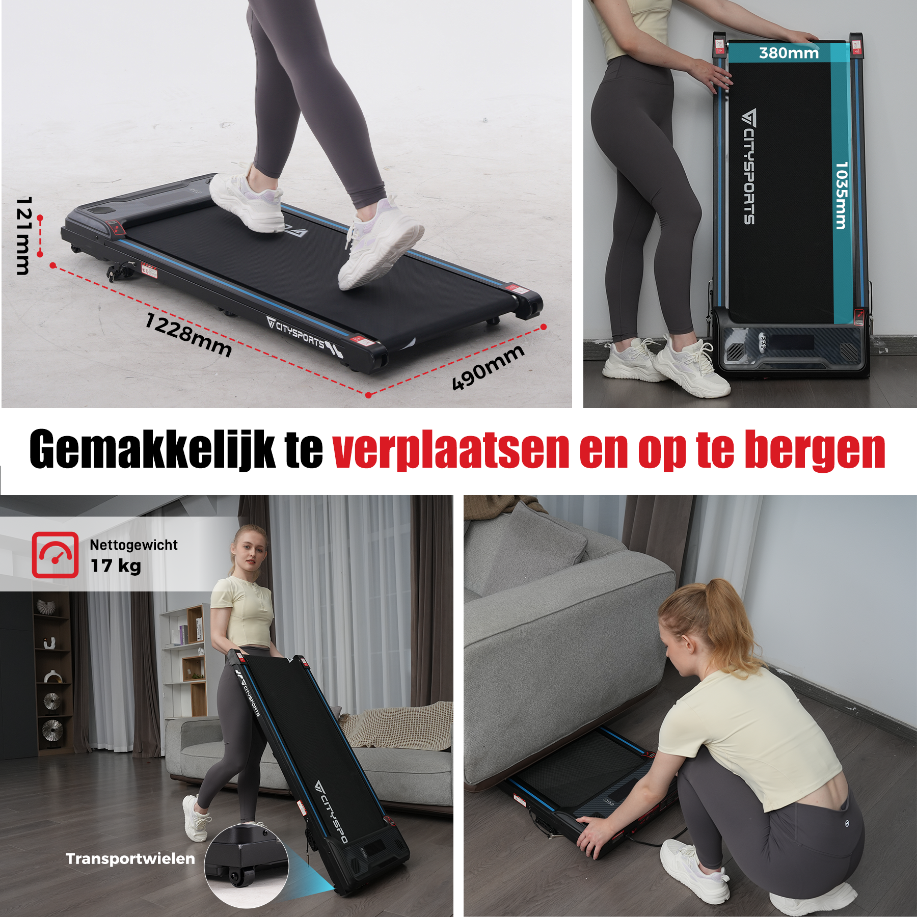 Afbeeldingen van een loopband met afmetingen en die wordt verplaatst. Vrouw die hem optilt en opvouwt. Tekst: Gemakkelijk te verplaatsen en op te bergen.