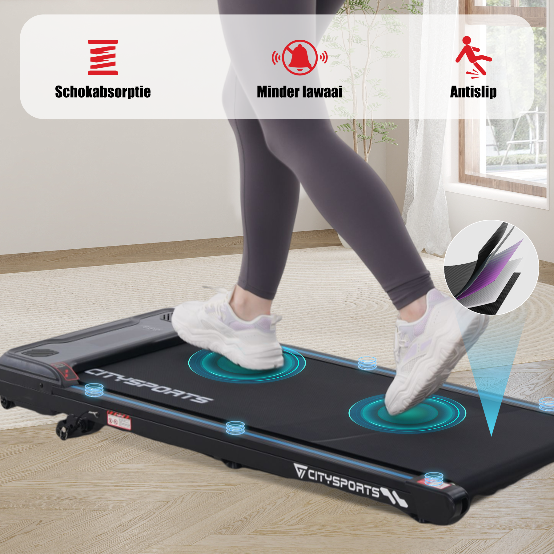 Loopbanddetail met schokabsorptie, weinig lawaai en antislipfuncties. Voeten lopen op het loopvlak.