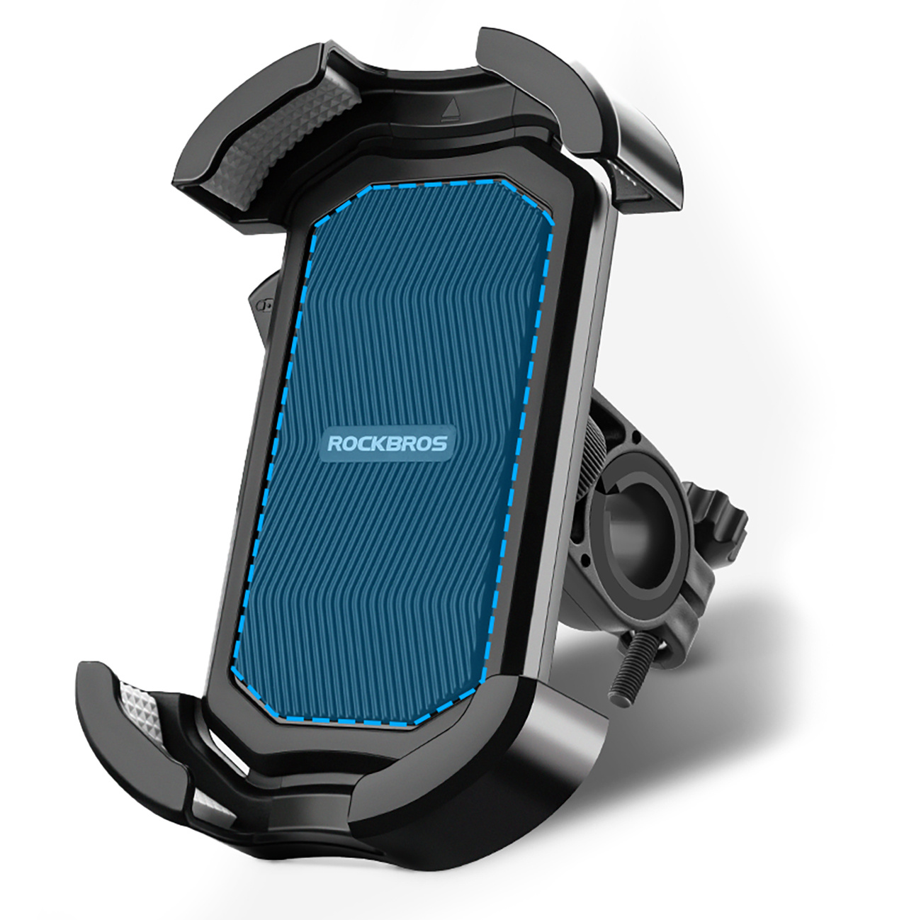 Zwarte telefoonhouder met blauw interieur en Rockbros logo. Gemonteerd op een zwarte stang met schroef.