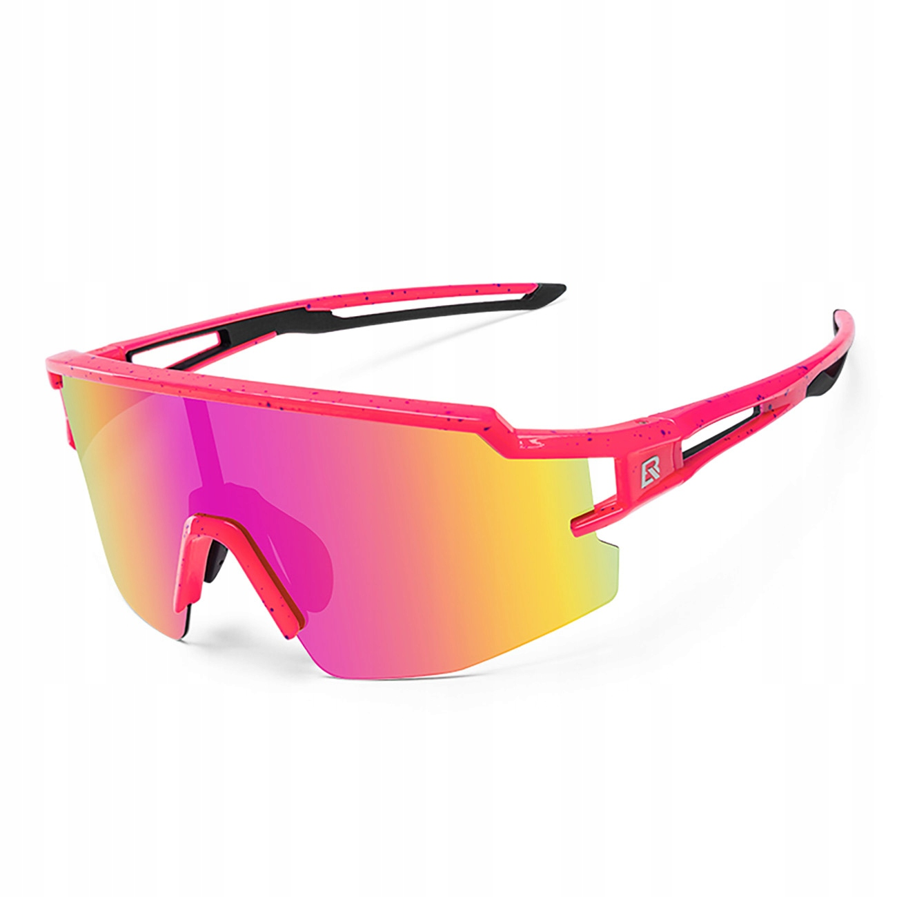Rosafarbene Sportsonnenbrille mit reflektierender, mehrfarbiger Linse. Der Rahmen ist rosa. Weißer Hintergrund.