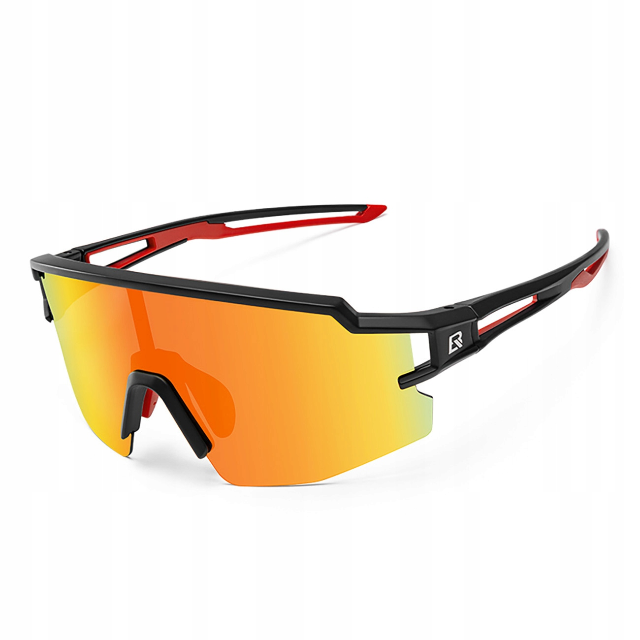 Schwarze und rote Sportsonnenbrille mit orangefarbenen Gläsern. Die Gläser sind reflektierend. Der Rahmen ist schwarz und rot.