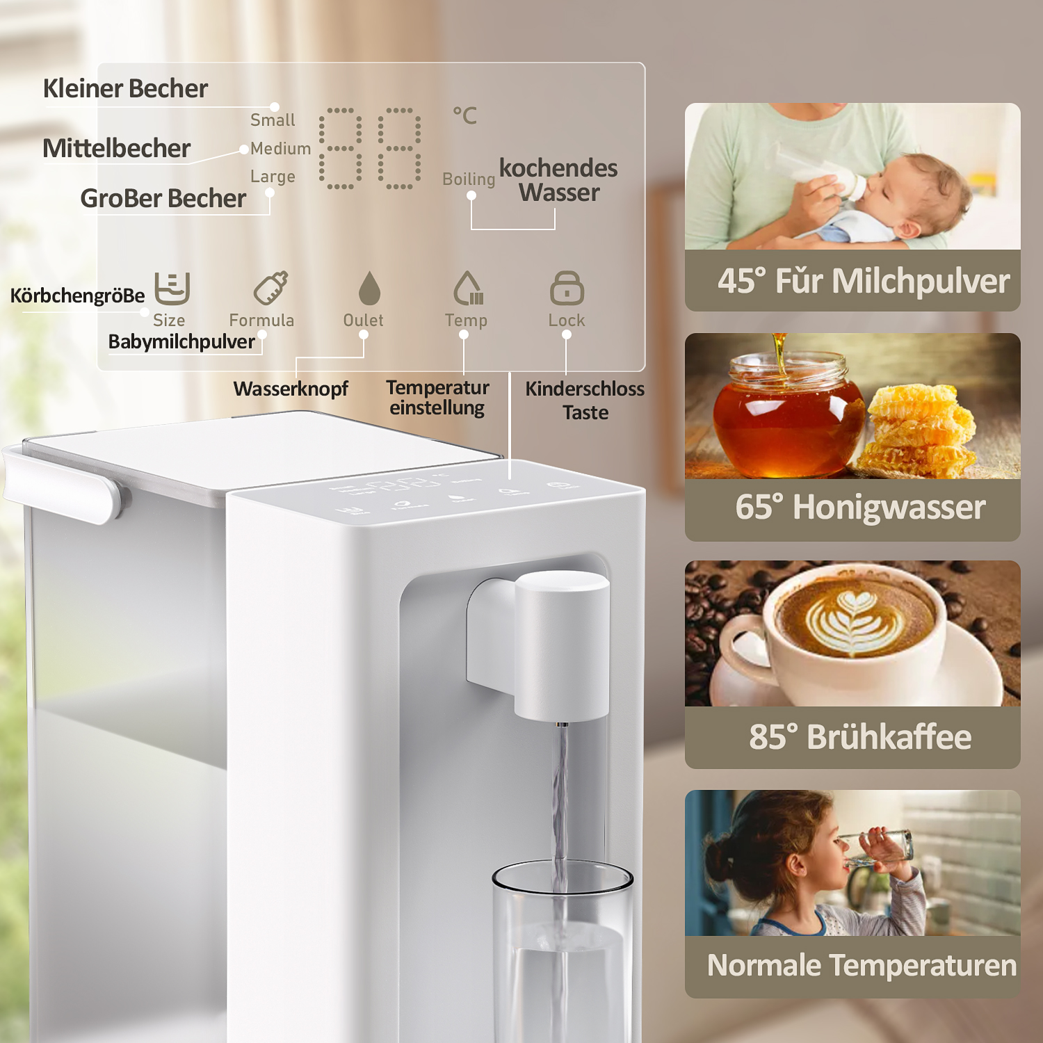 Ein weißer Wasserspender mit digitaler Anzeige, die Temperatureinstellungen zeigt, mit Bildern verschiedener Getränke.
